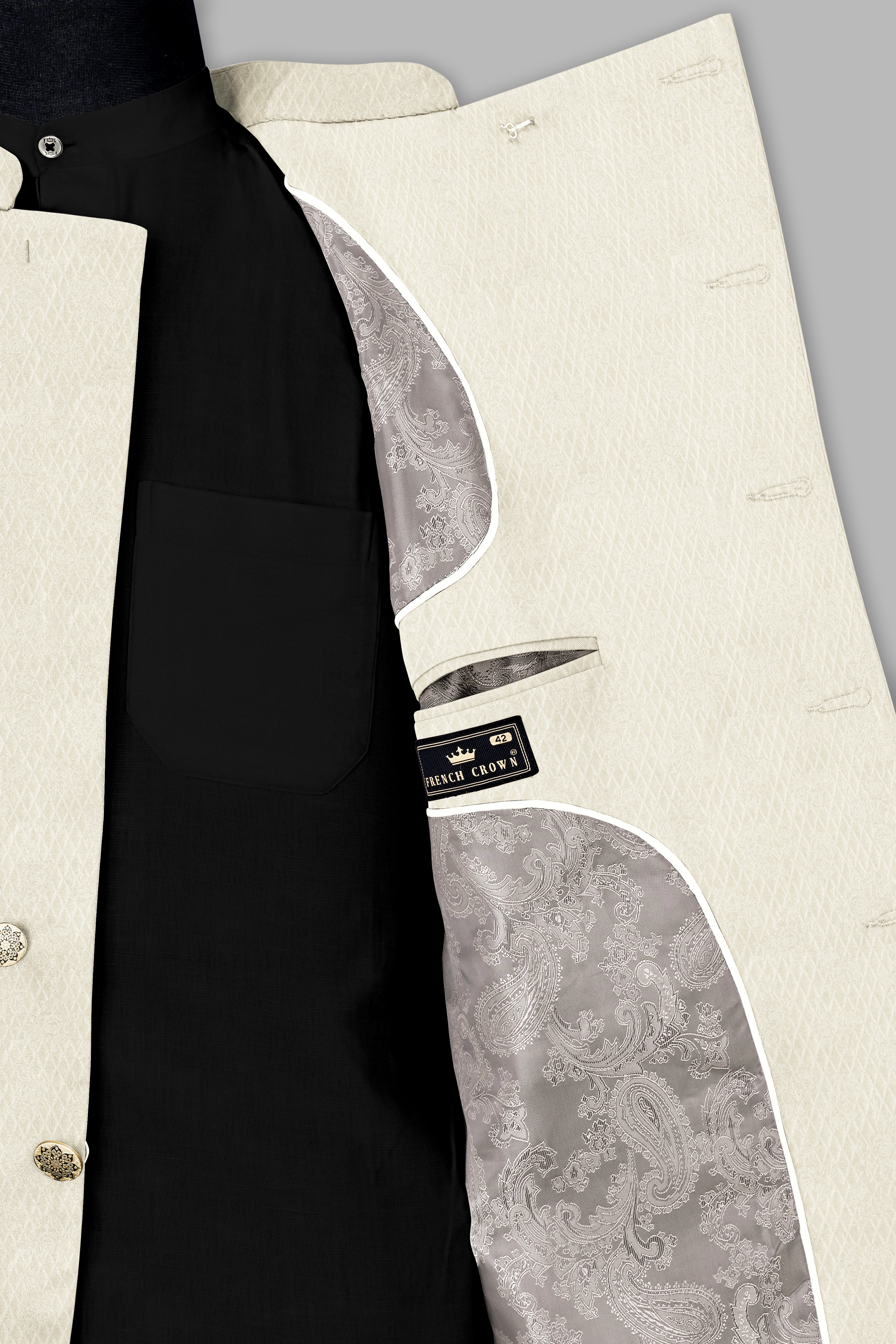 Ebb Cream Trellis Jacquard Weave Cross Buttoned Bandhgala Jodhpuri BL3521-CBG-36, BL3521-CBG-38, BL3521-CBG-40, BL3521-CBG-42, BL3521-CBG-44, BL3521-CBG-46, BL3521-CBG-52, BL3521-CBG-50, BL3521-CBG-52, BL3521-CBG-54, BL3521-CBG-56, BL3521-CBG-58, BL3521-CBG-60