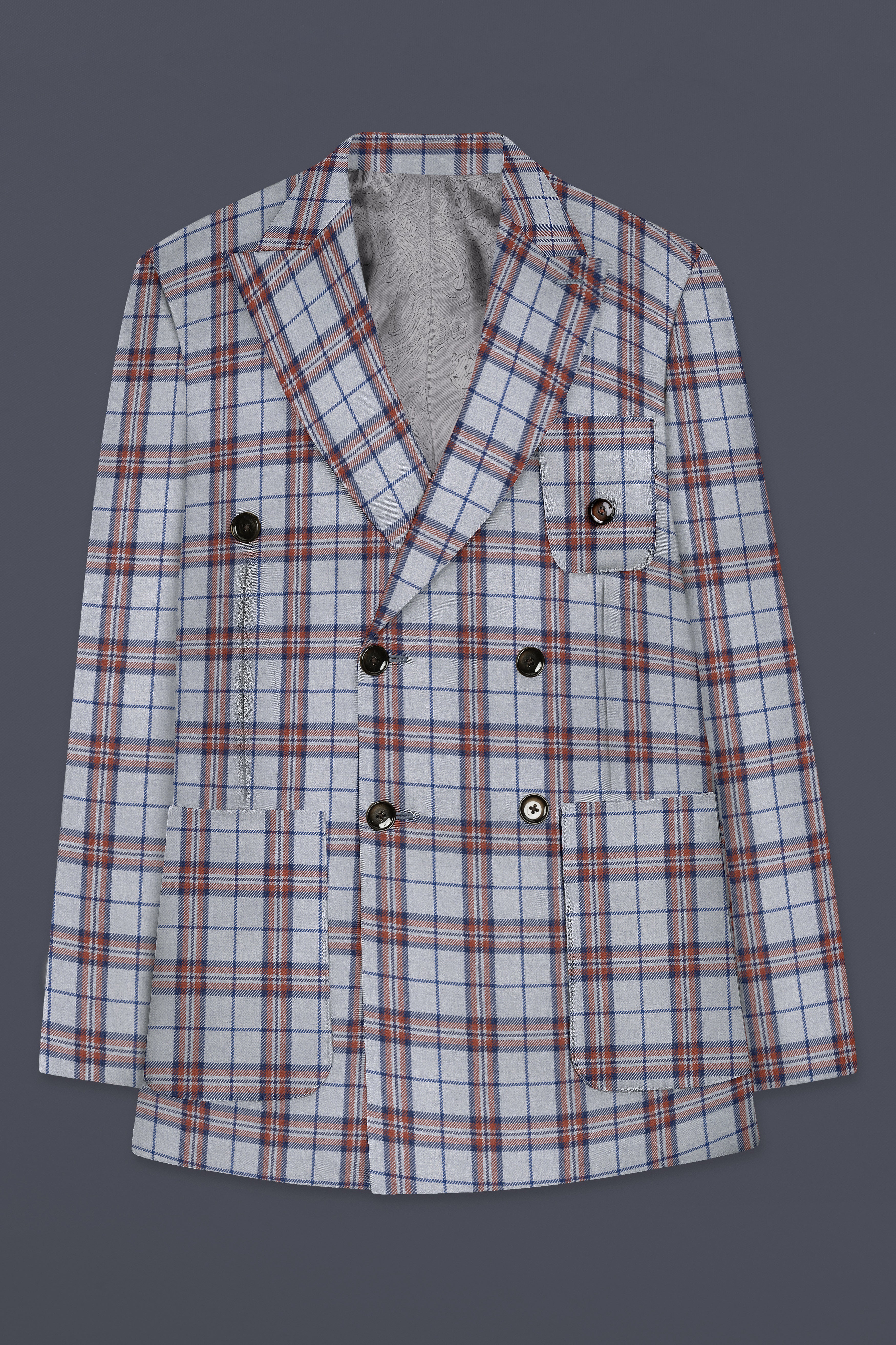 Cadet Grey with Maroon and Blue Plaid Double Breasted Tweed Blazer