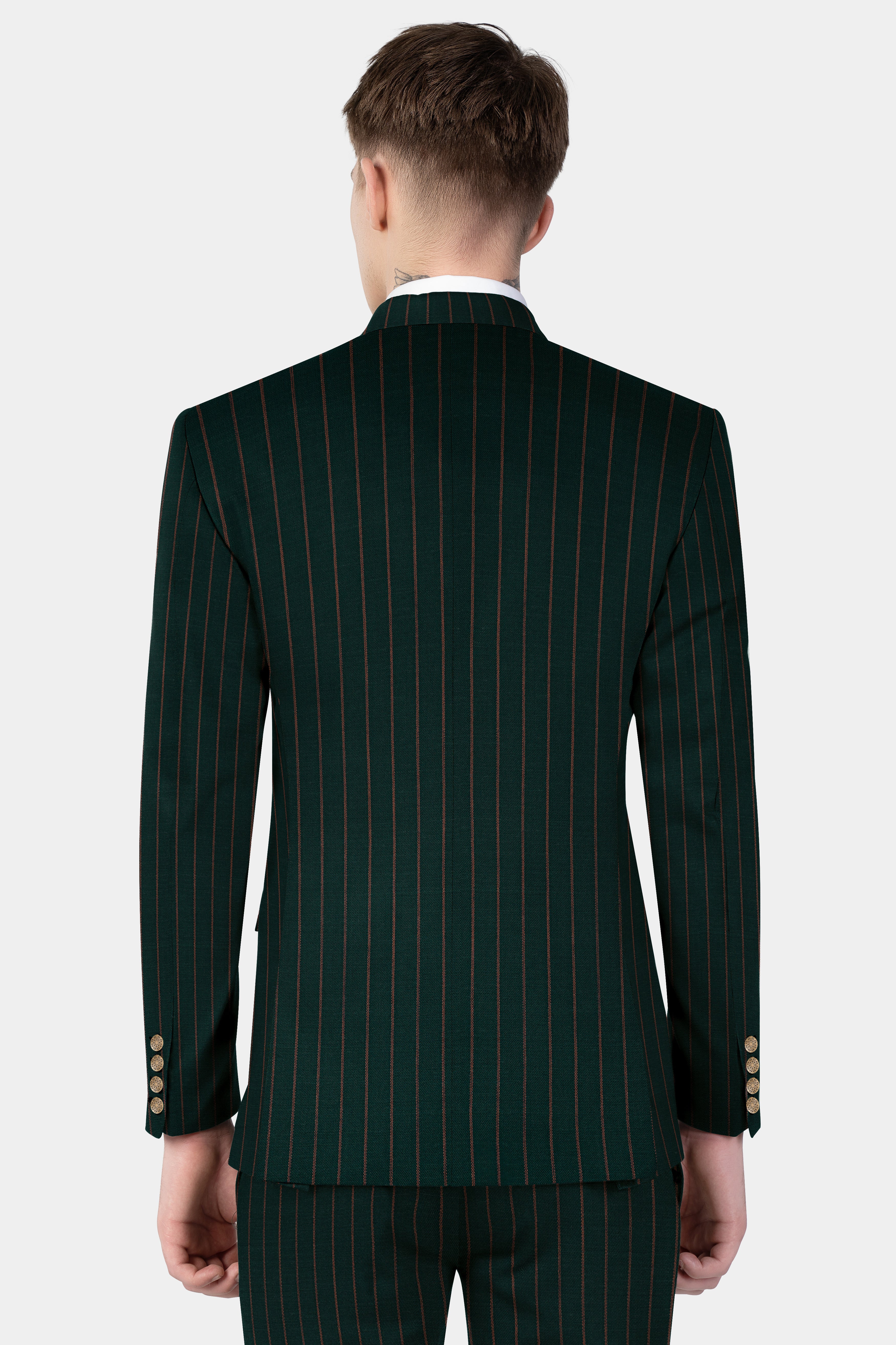 Swamp Green Striped Wool Blend Double Breasted Blazer