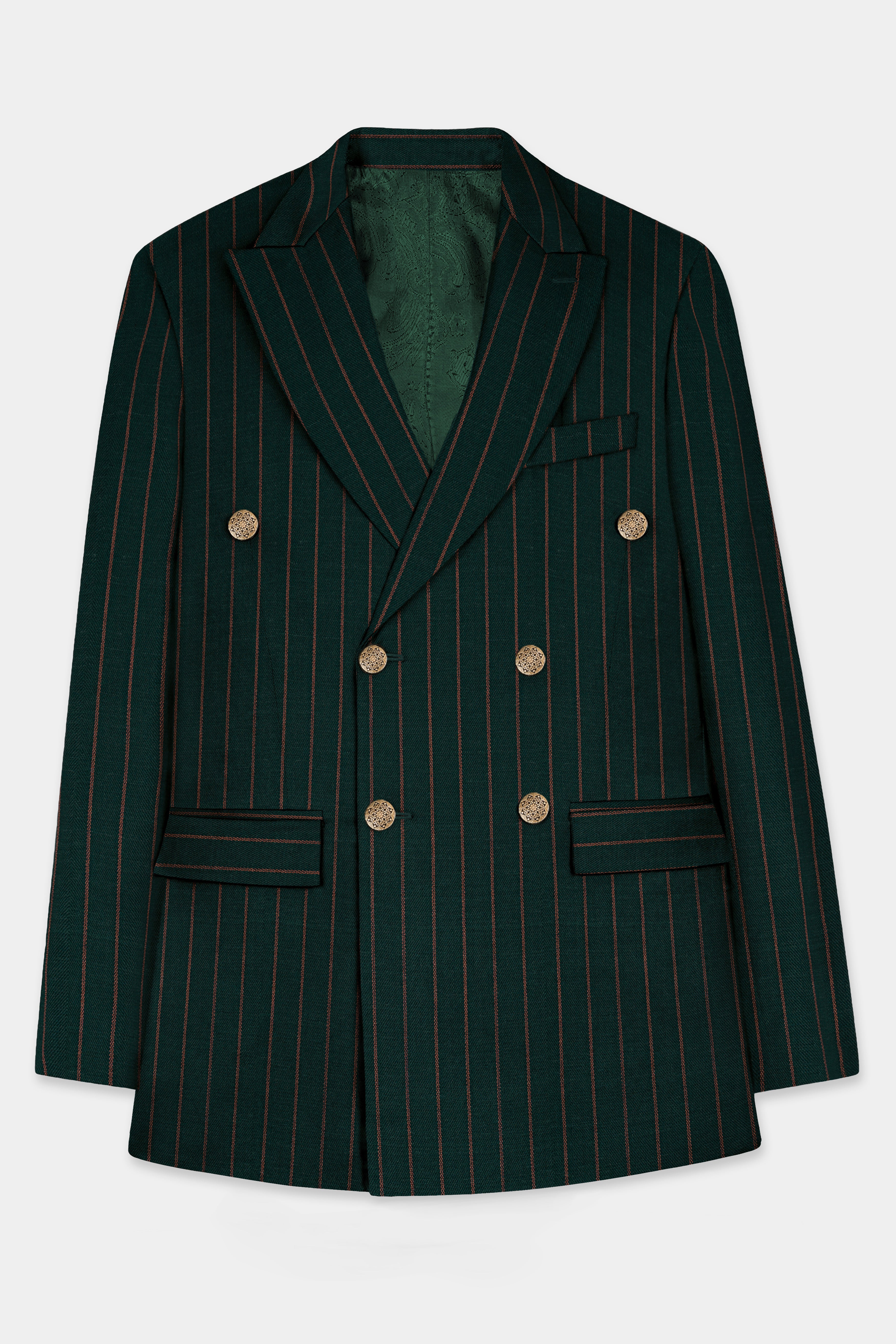 Swamp Green Striped Wool Blend Double Breasted Blazer