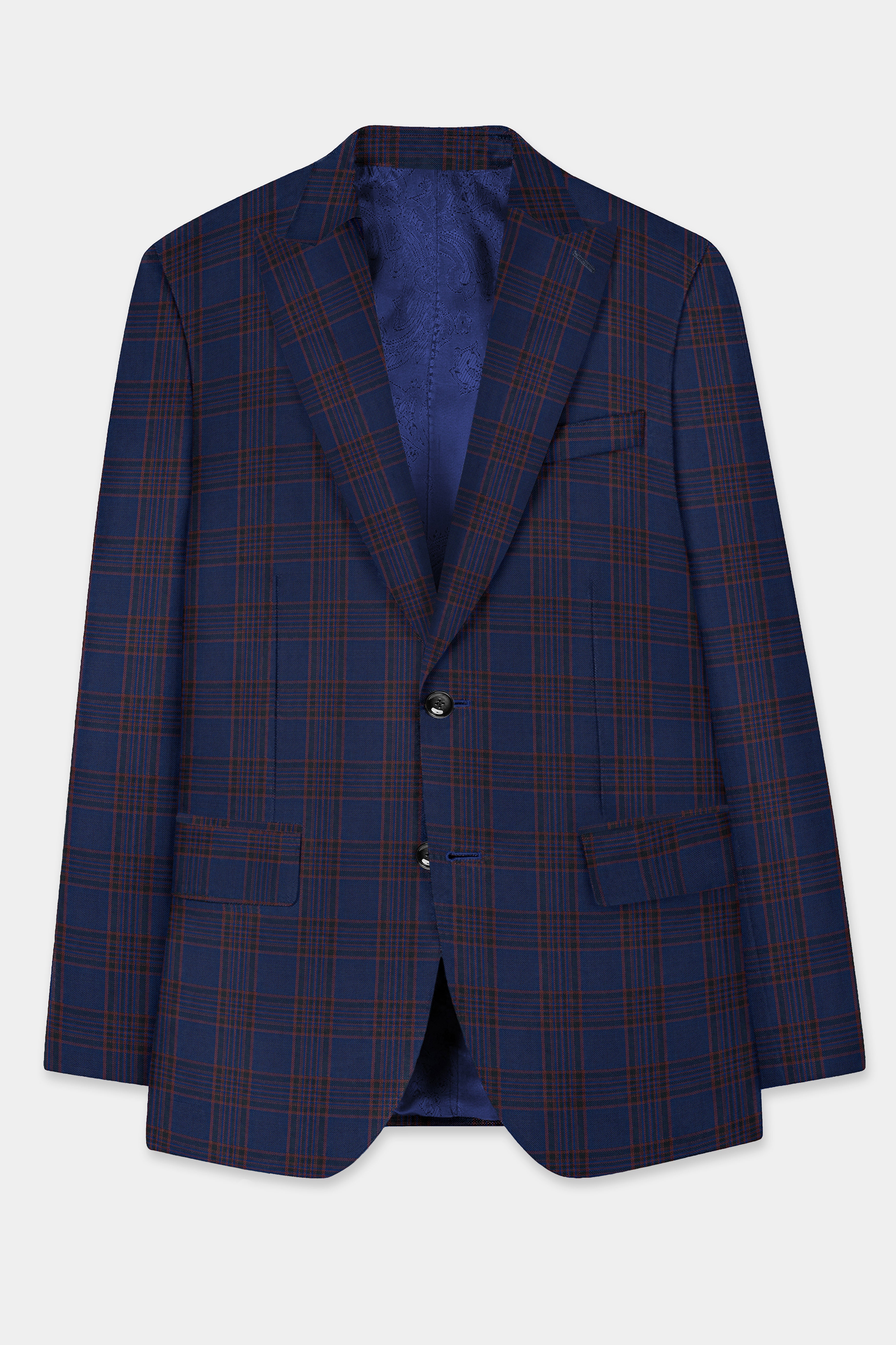 Bunting Blue with Livid Brown Plaid Wool Blend Blazer