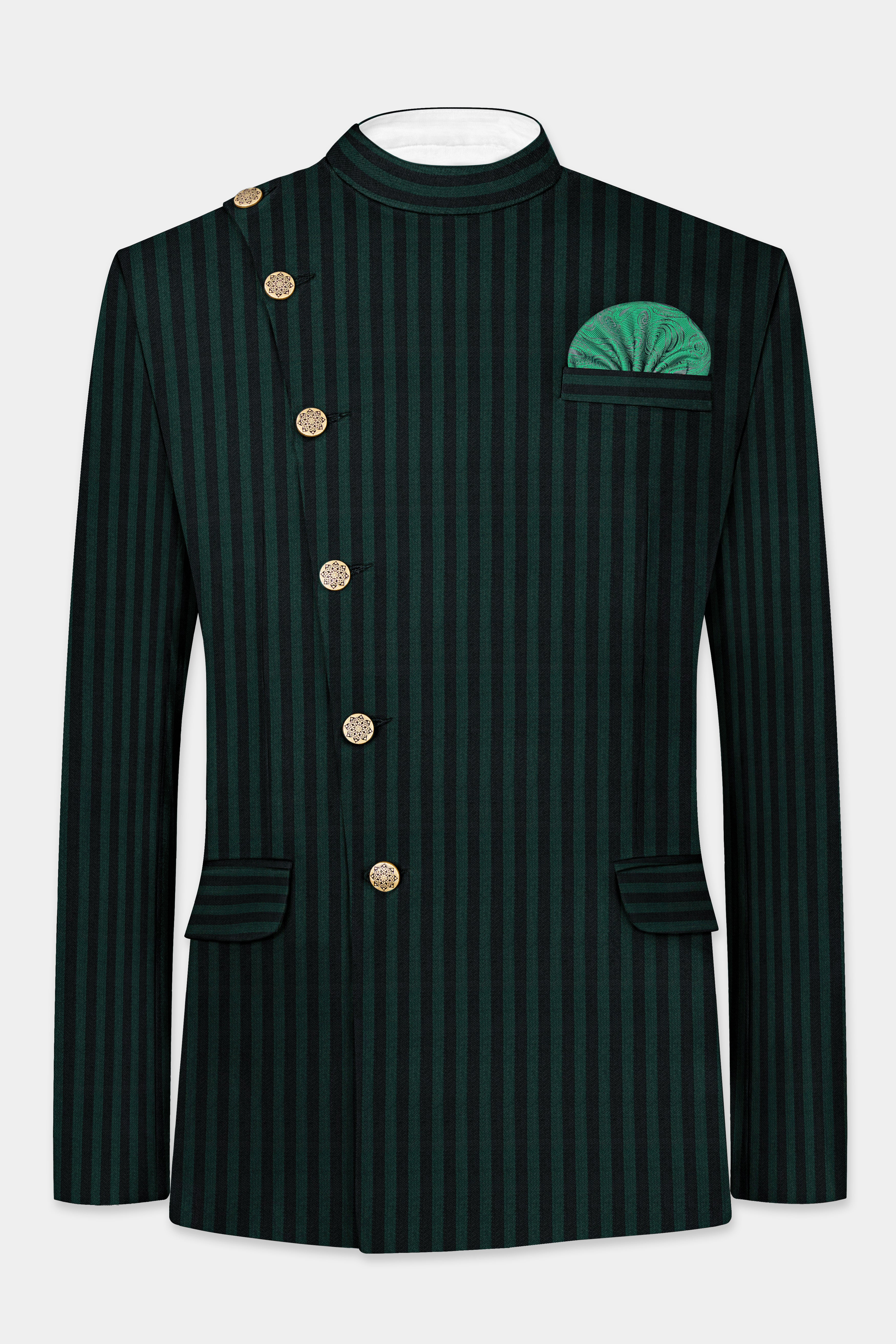 Celtic Green with Black Striped Wool Rich Cross Placket Bandhgala Blazer