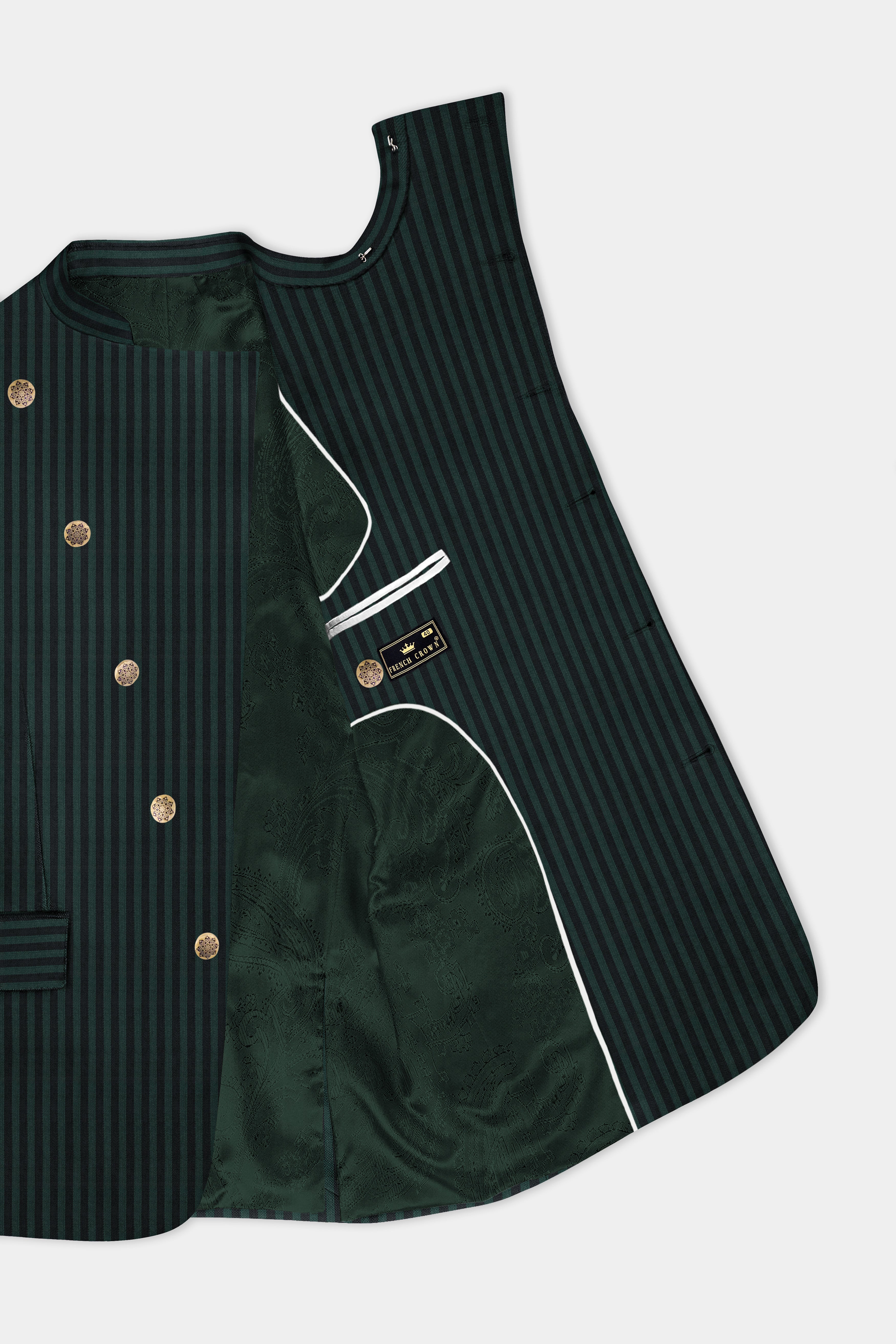 Celtic Green with Black Striped Wool Rich Cross Placket Bandhgala Blazer