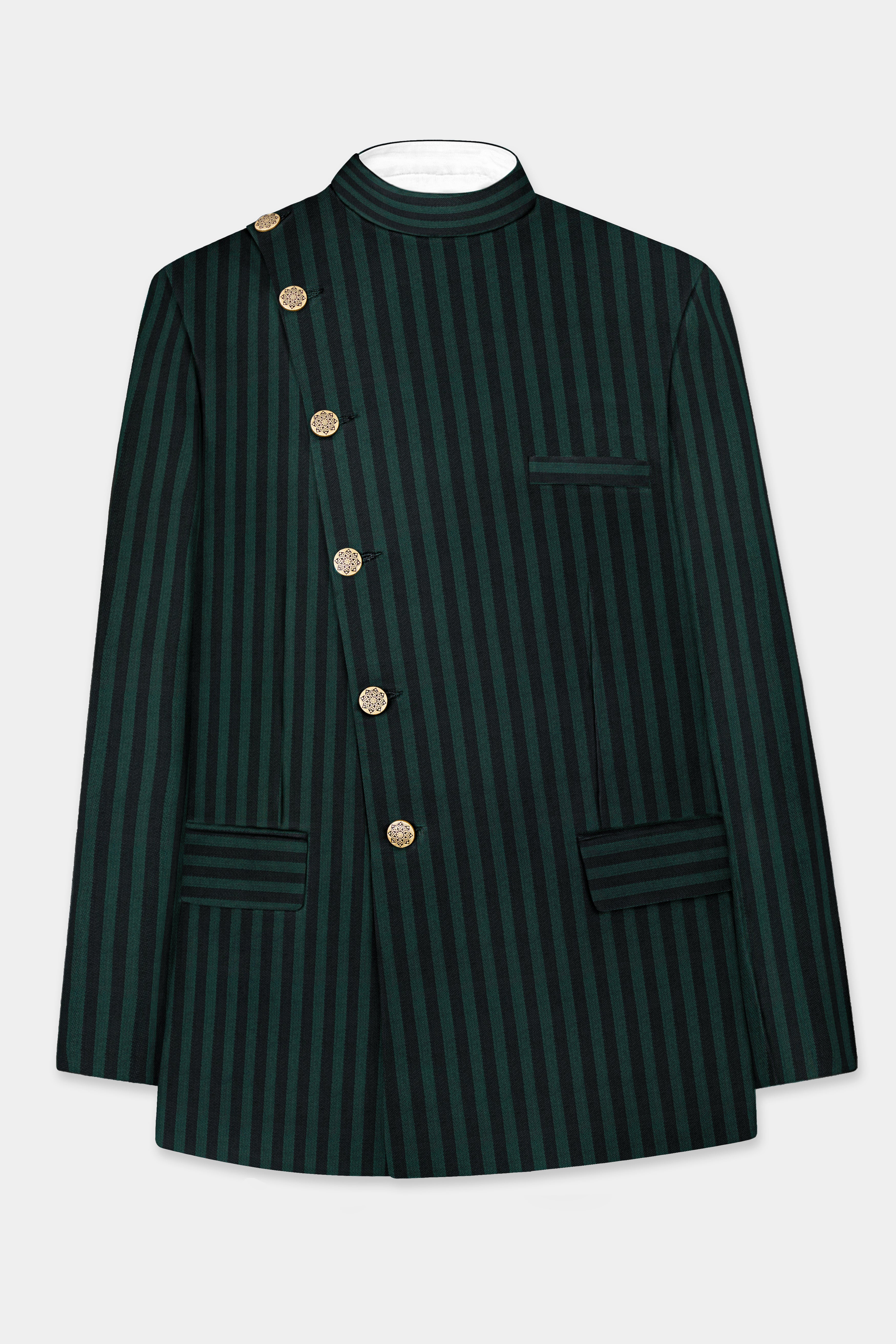 Celtic Green with Black Striped Wool Rich Cross Placket Bandhgala Blazer