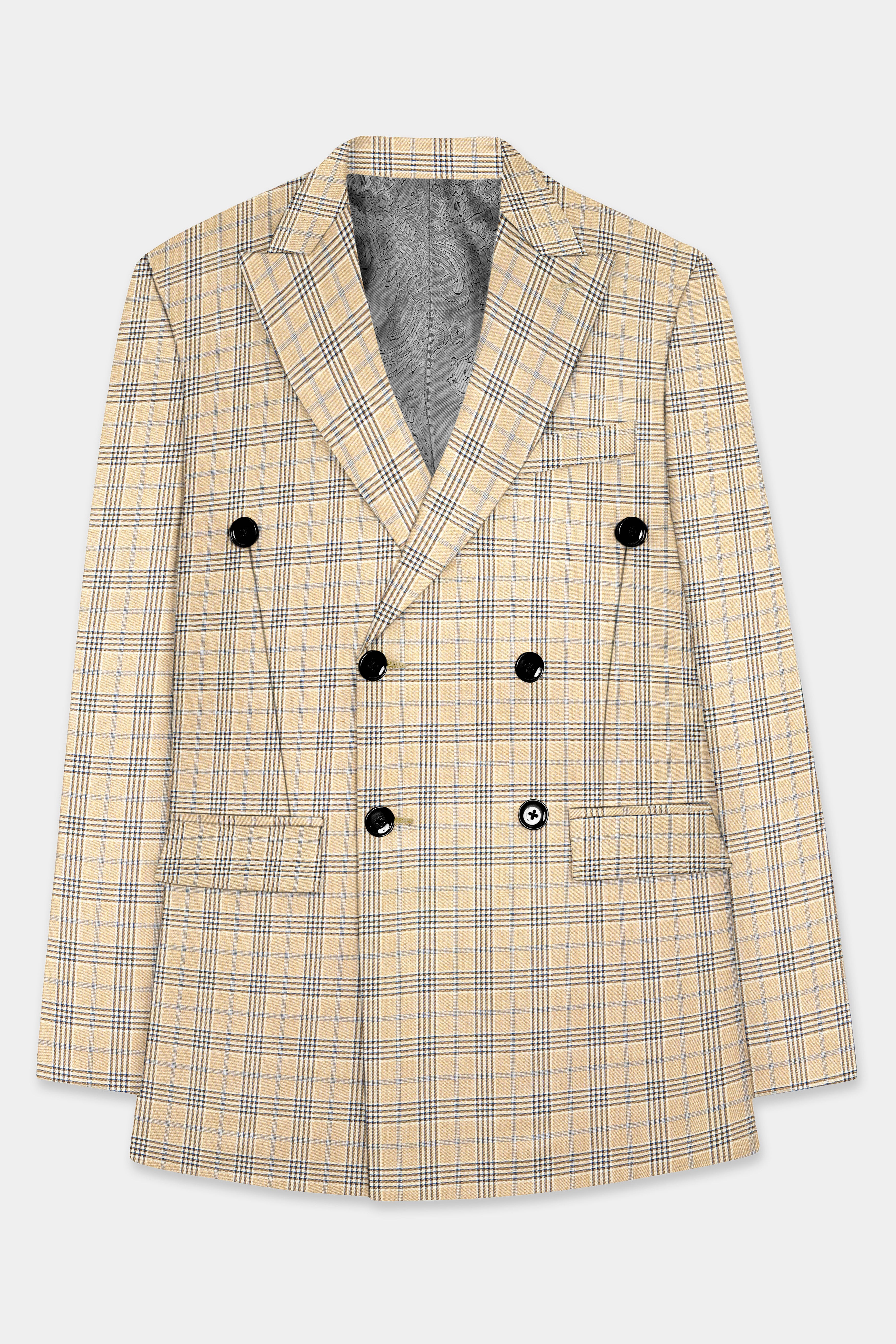 Cameo Cream Plaid Super Fine Wool Blend Double Breasted Blazer
