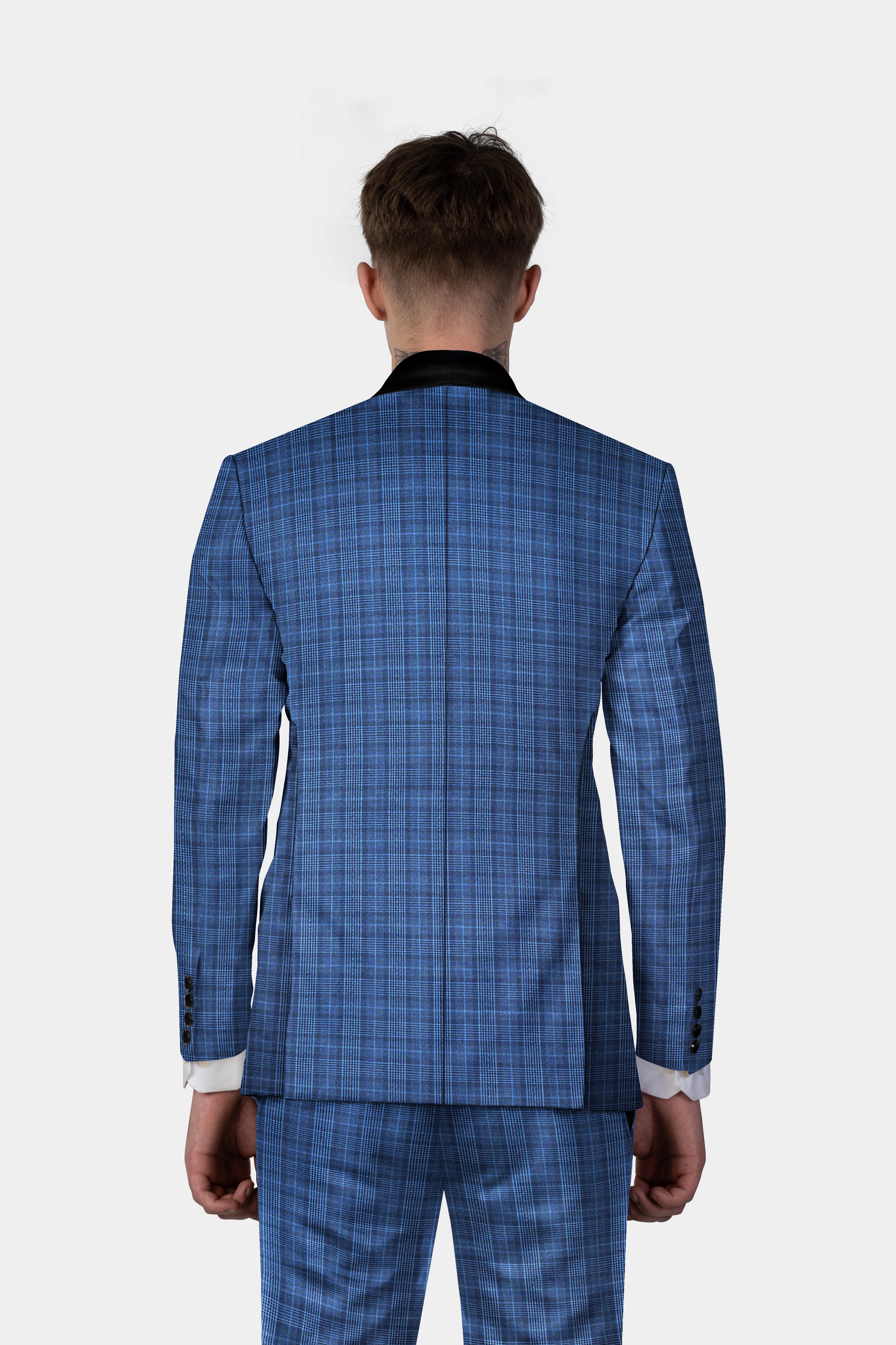 Mid Blue Plaid Wool Rich Tuxedo Blazer