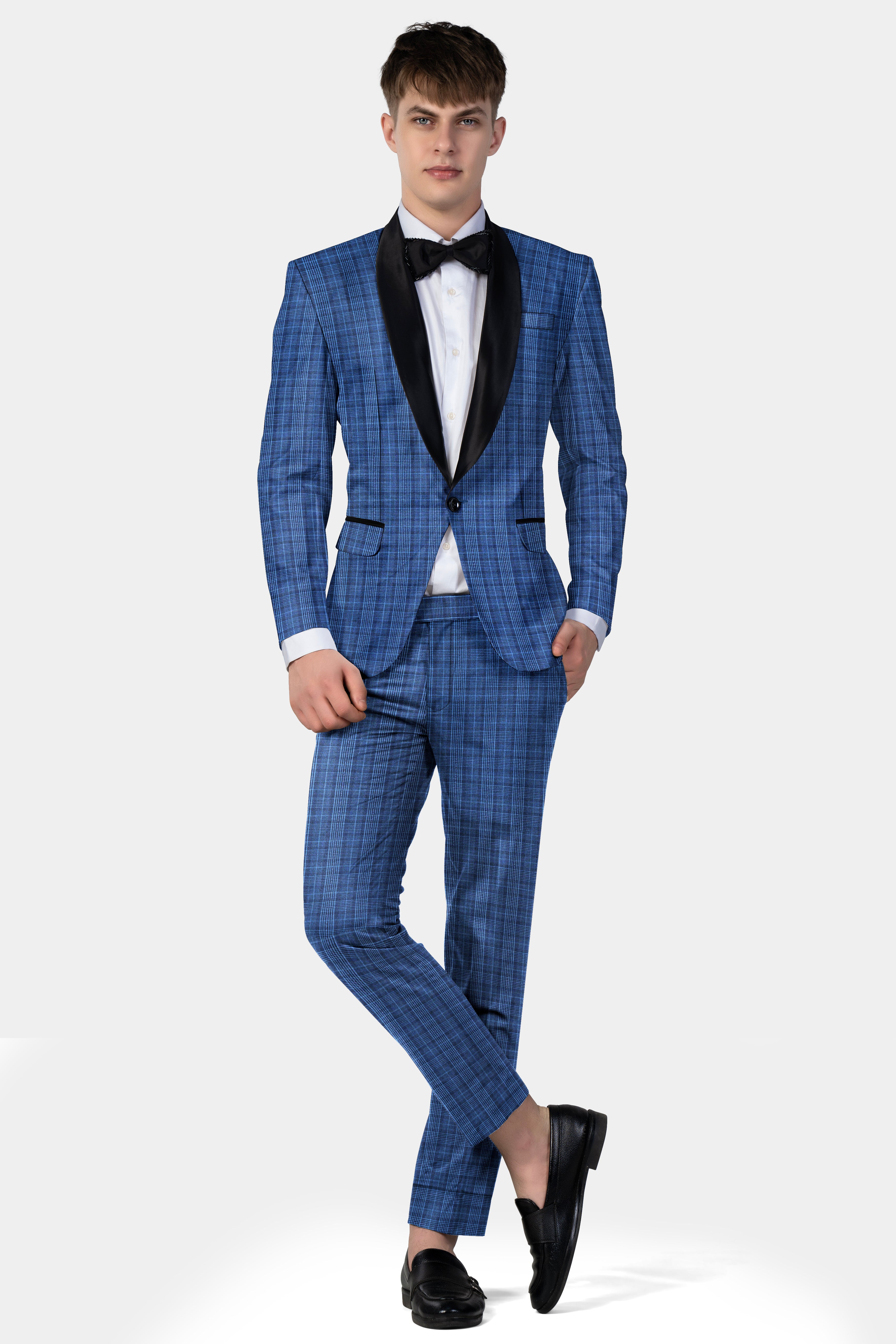 Mid Blue Plaid Wool Rich Tuxedo Blazer
