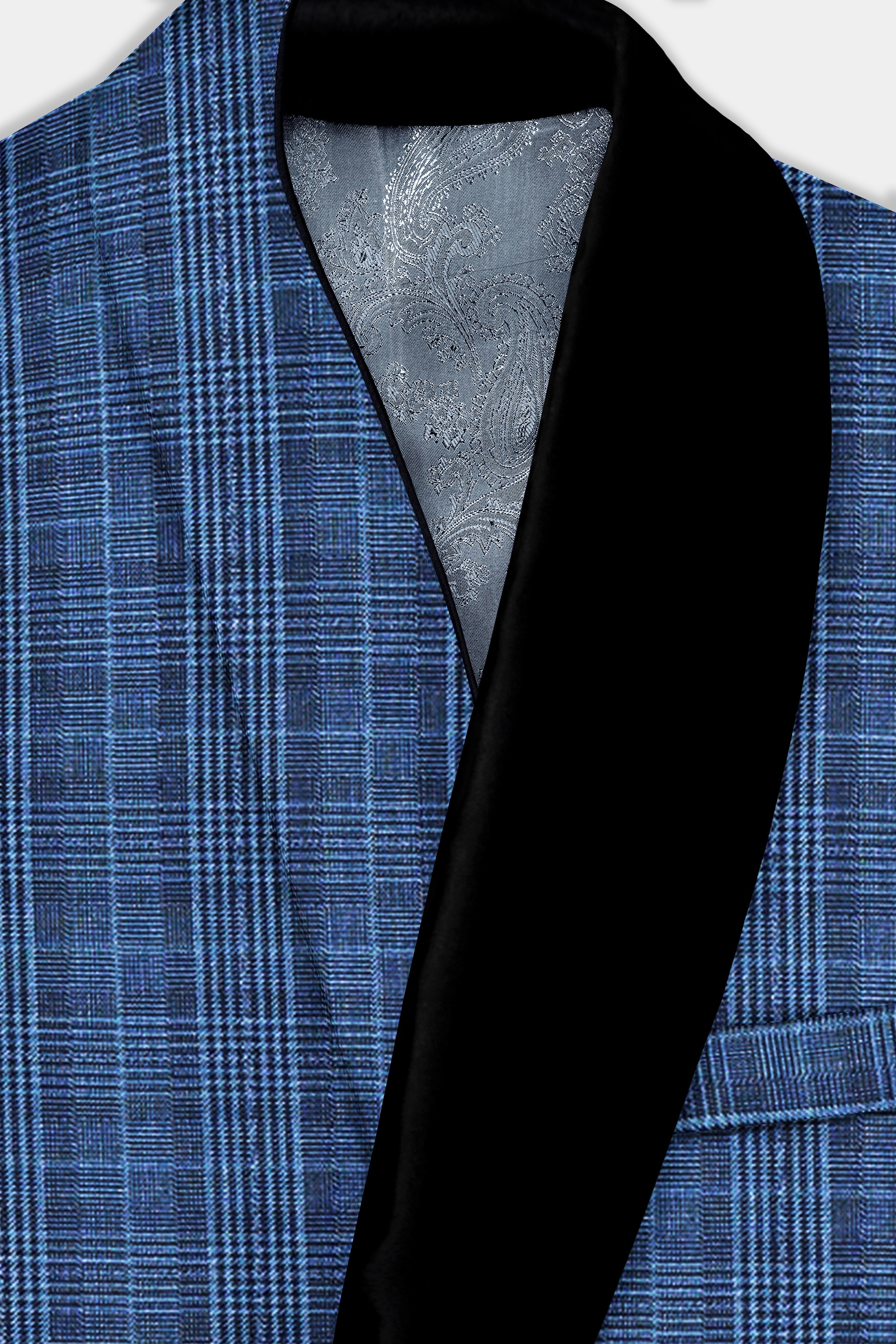 Mid Blue Plaid Wool Rich Tuxedo Blazer