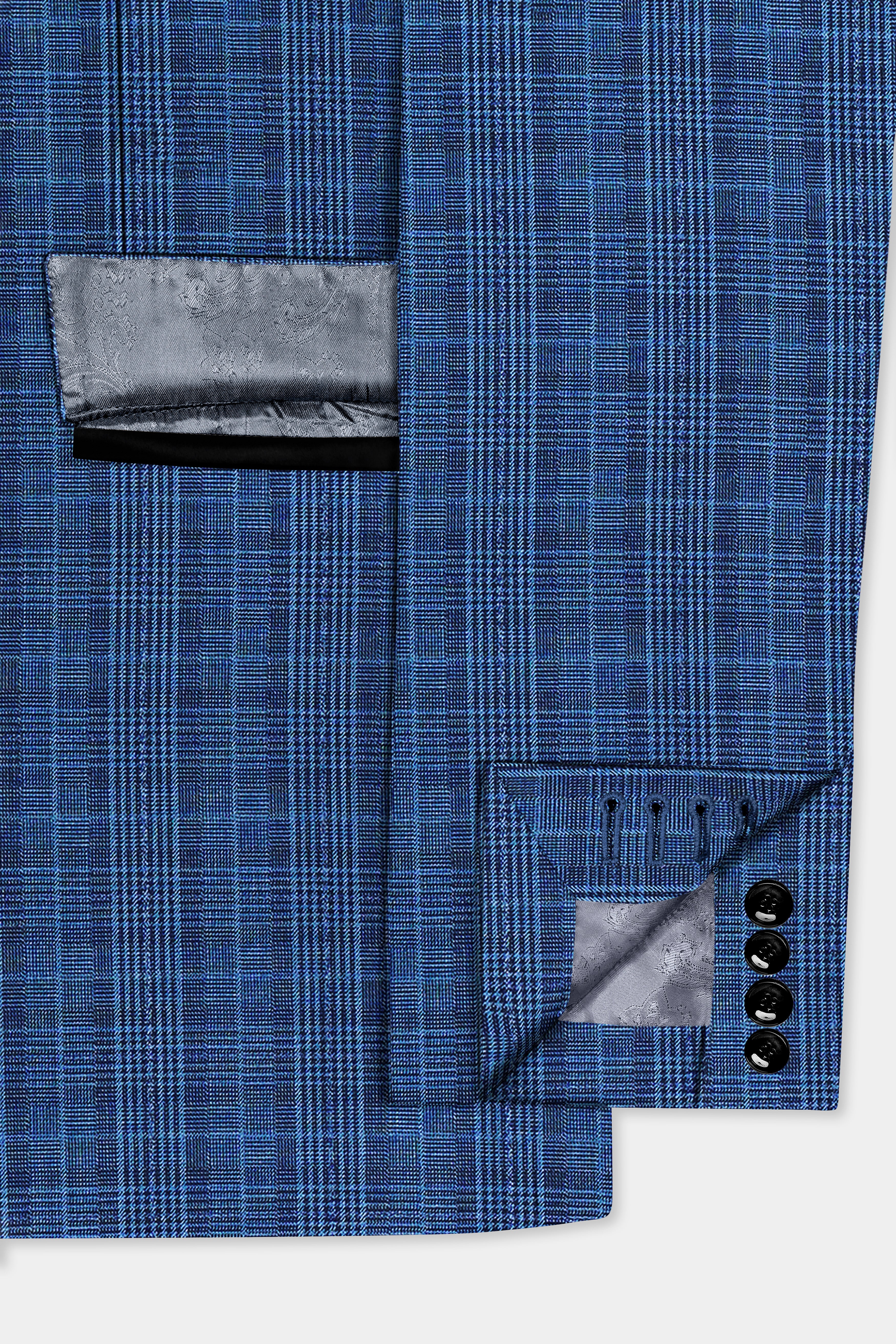 Mid Blue Plaid Wool Rich Tuxedo Blazer