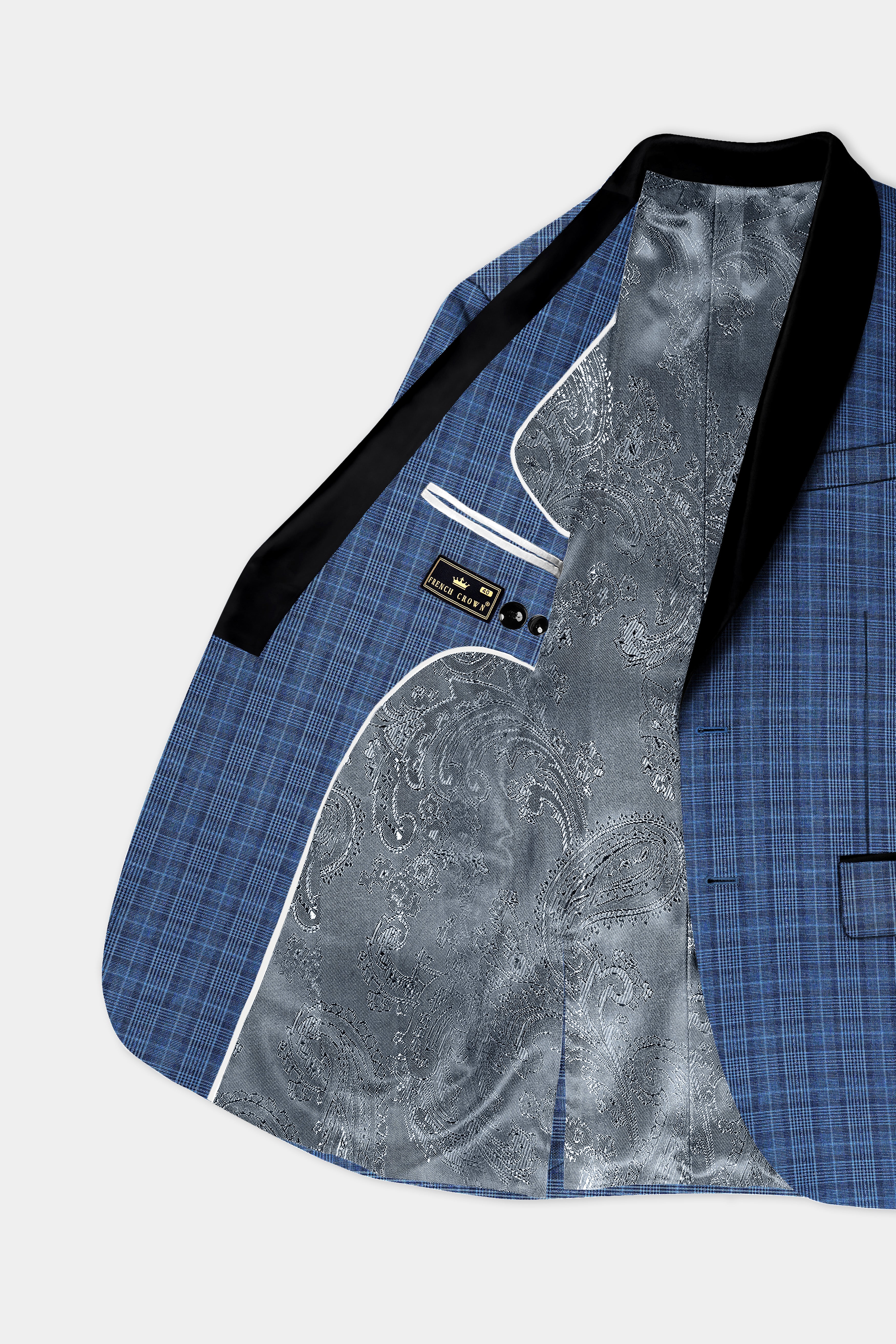 Mid Blue Plaid Wool Rich Tuxedo Blazer