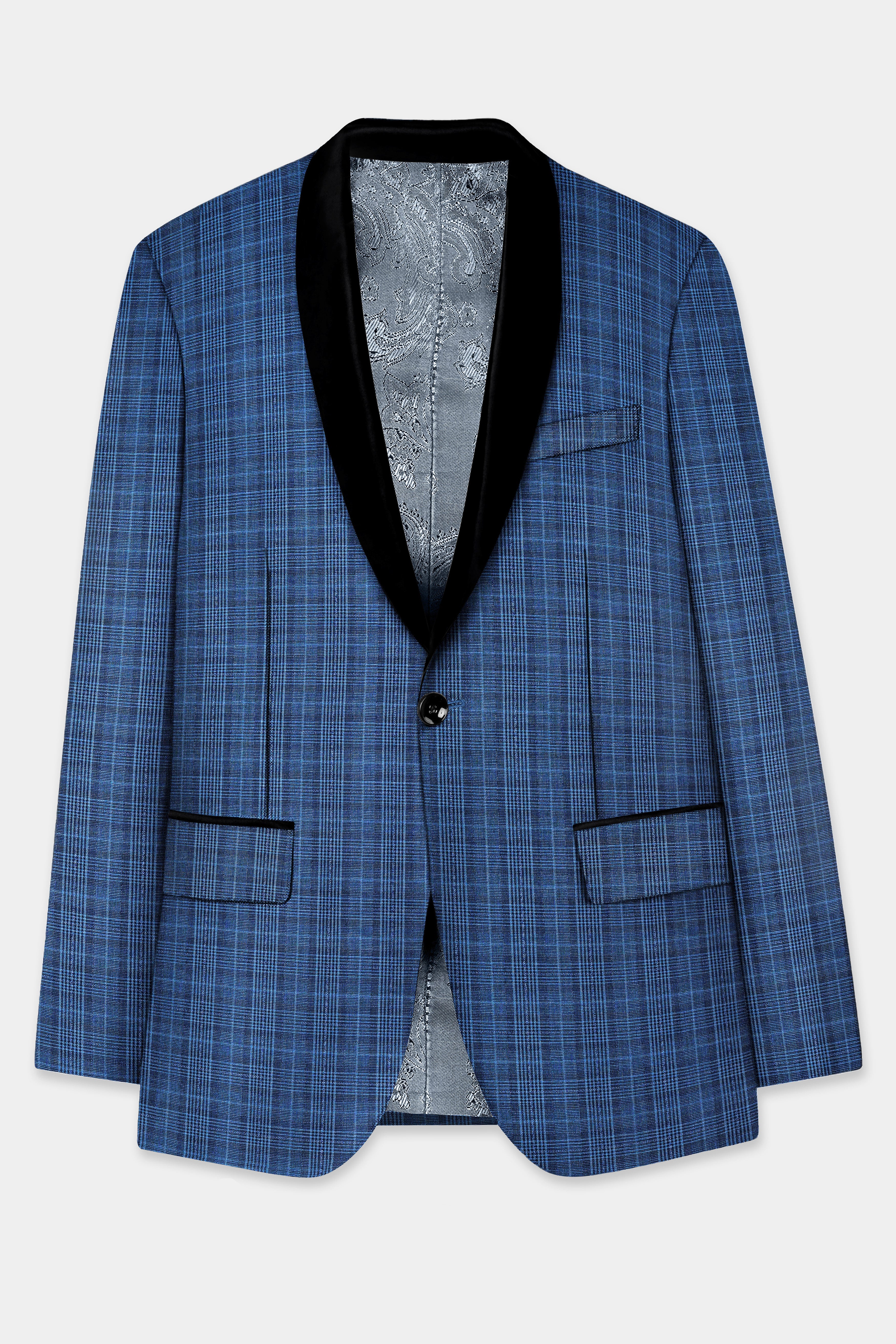 Mid Blue Plaid Wool Rich Tuxedo Blazer