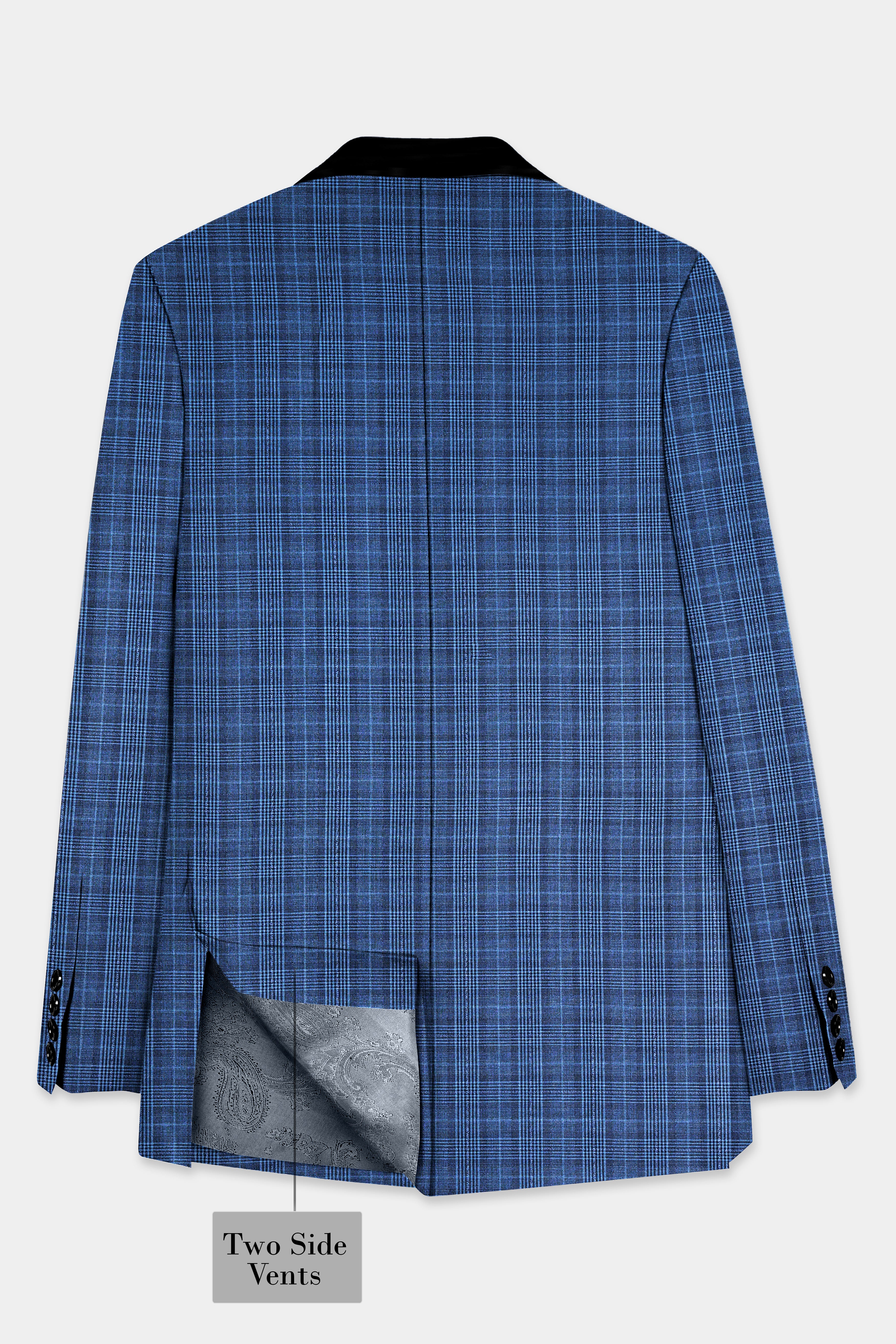 Mid Blue Plaid Wool Rich Tuxedo Blazer