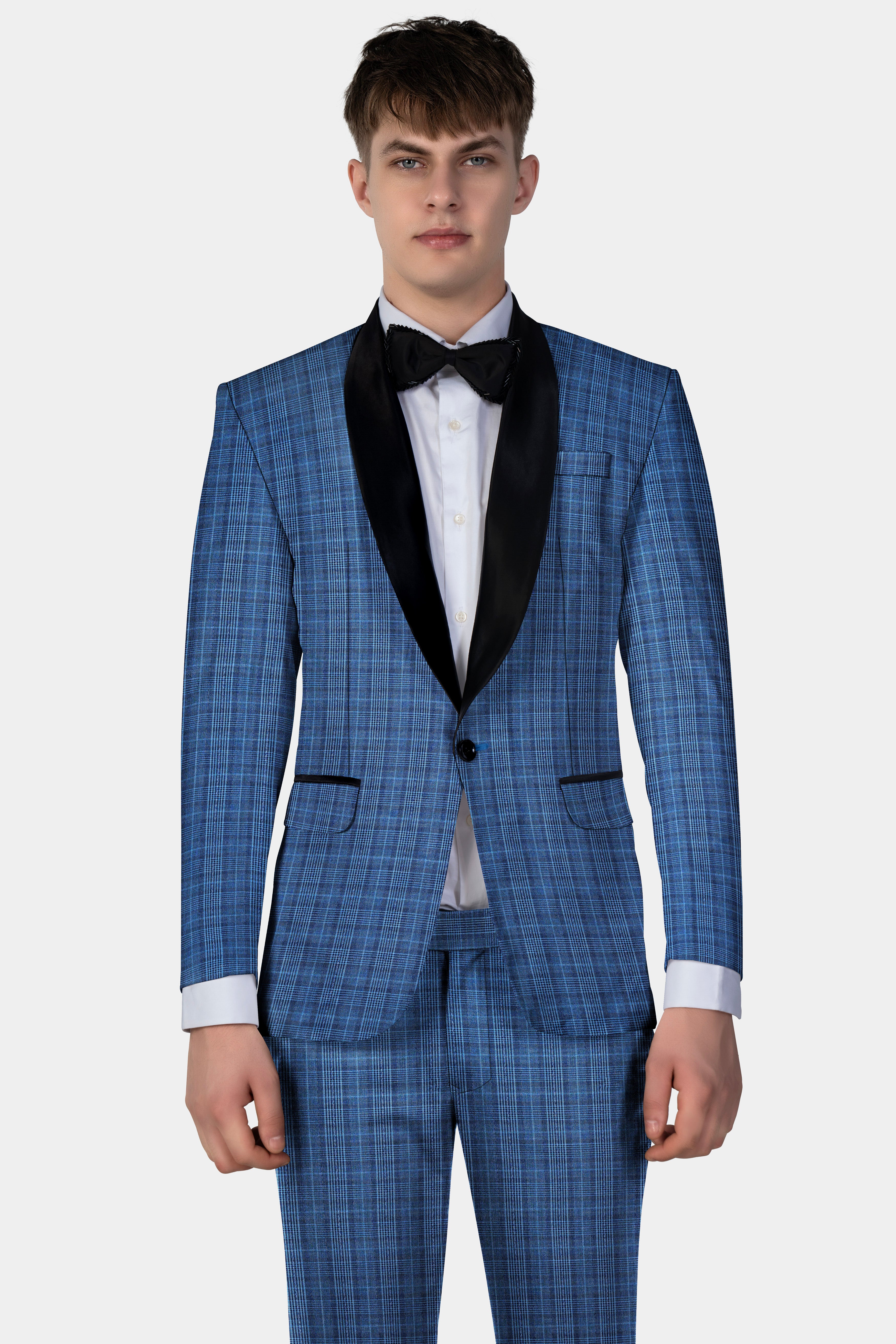 Mid Blue Plaid Wool Rich Tuxedo Blazer