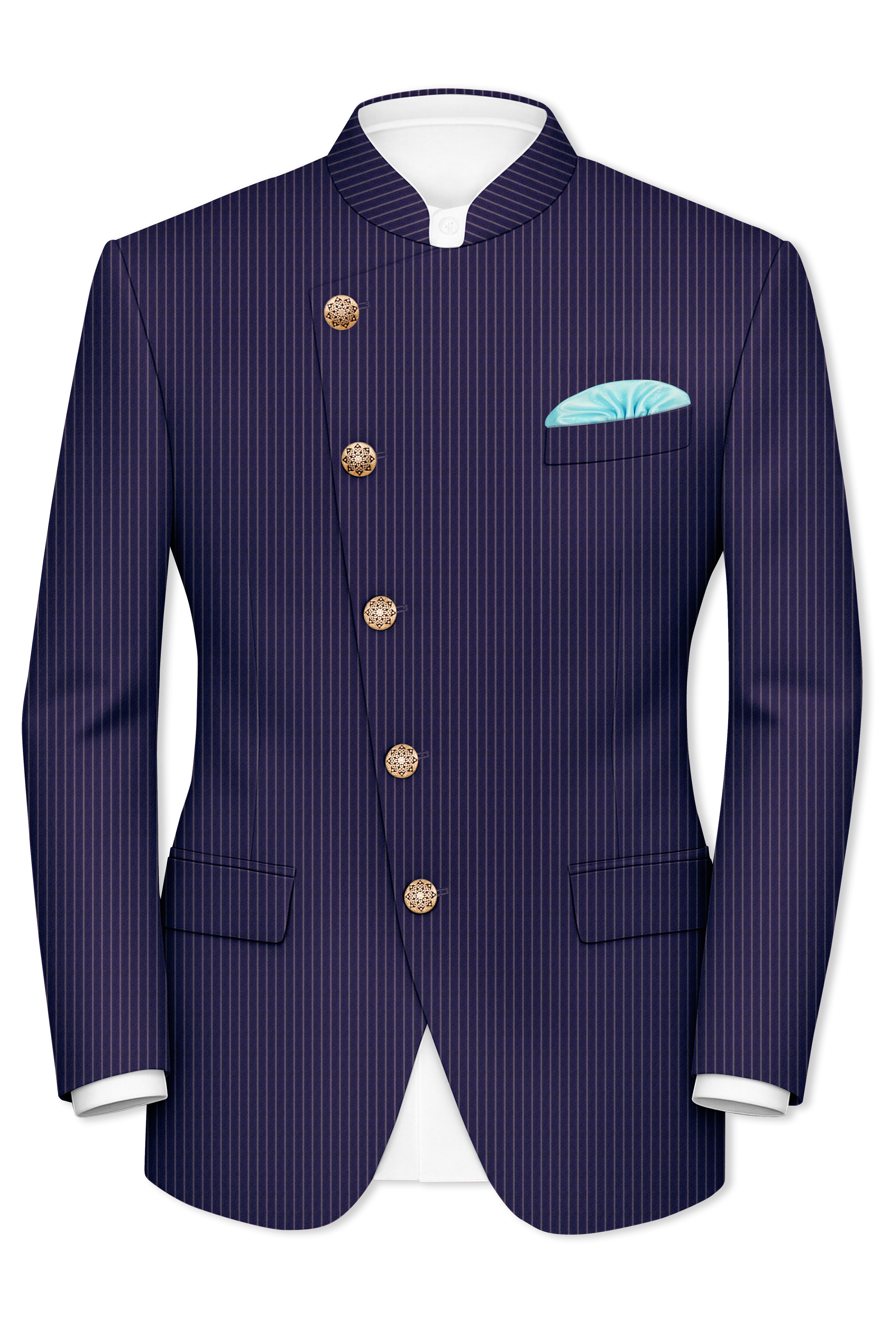Martinique Blue with Prelude Striped Cross Placket Bandhgala/Mandarin Corduroy Premium Cotton Blazer
