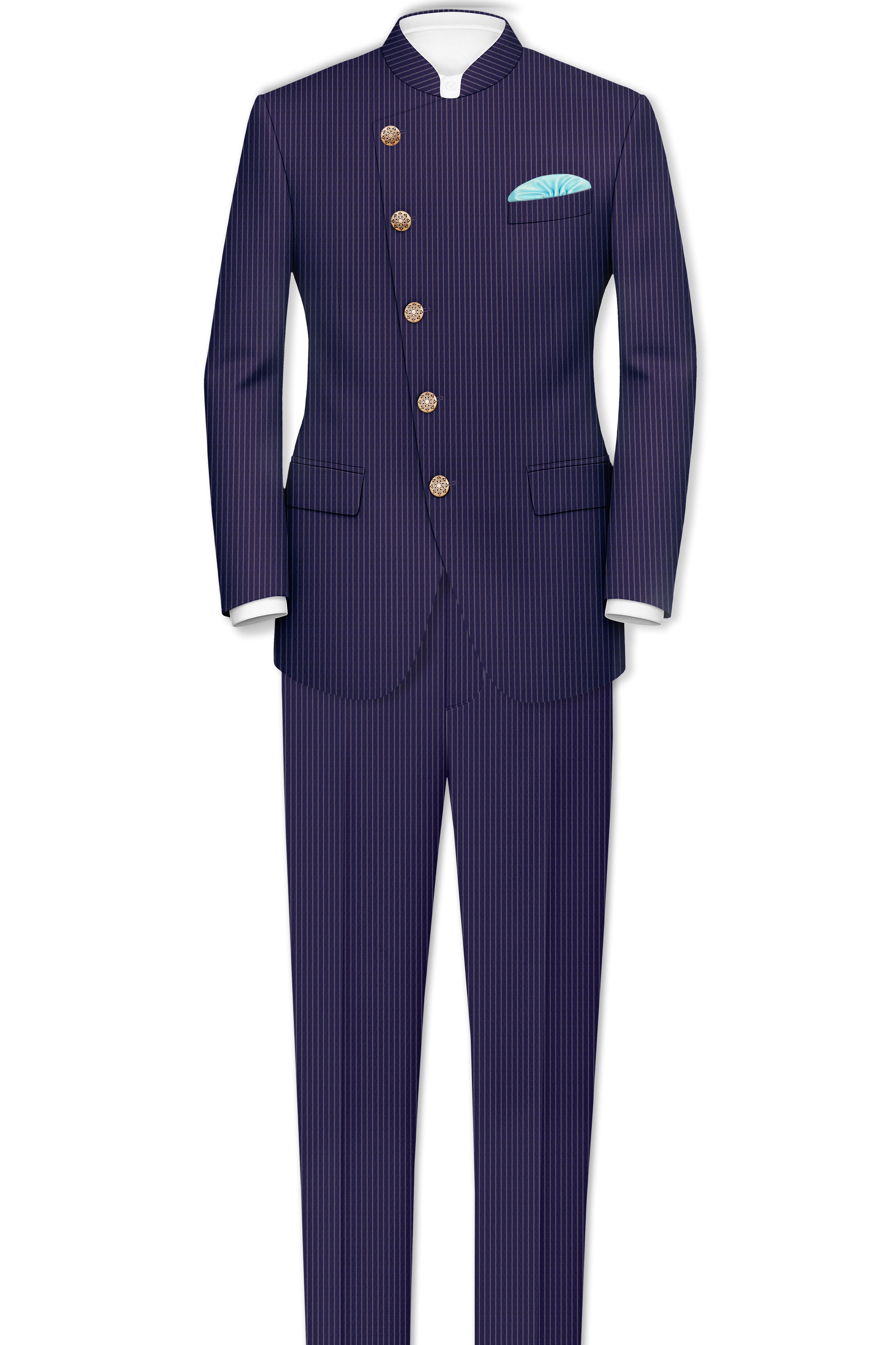 Martinique Blue with Prelude Striped Cross Placket Bandhgala/Mandarin Corduroy Premium Cotton Blazer