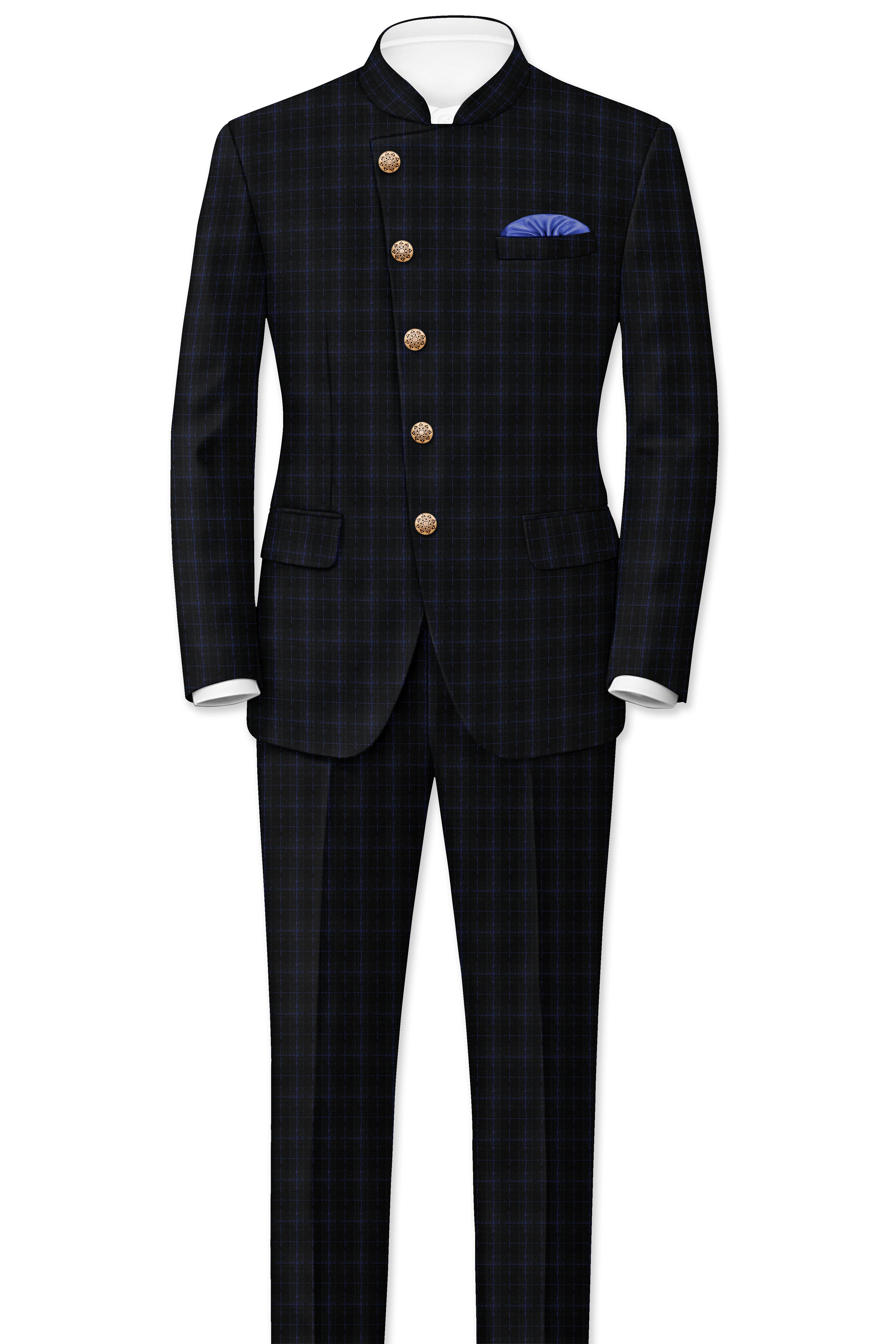 Mine Shaft Black Plaid Cross Placket Bandhgala Wool Rich Blazer
