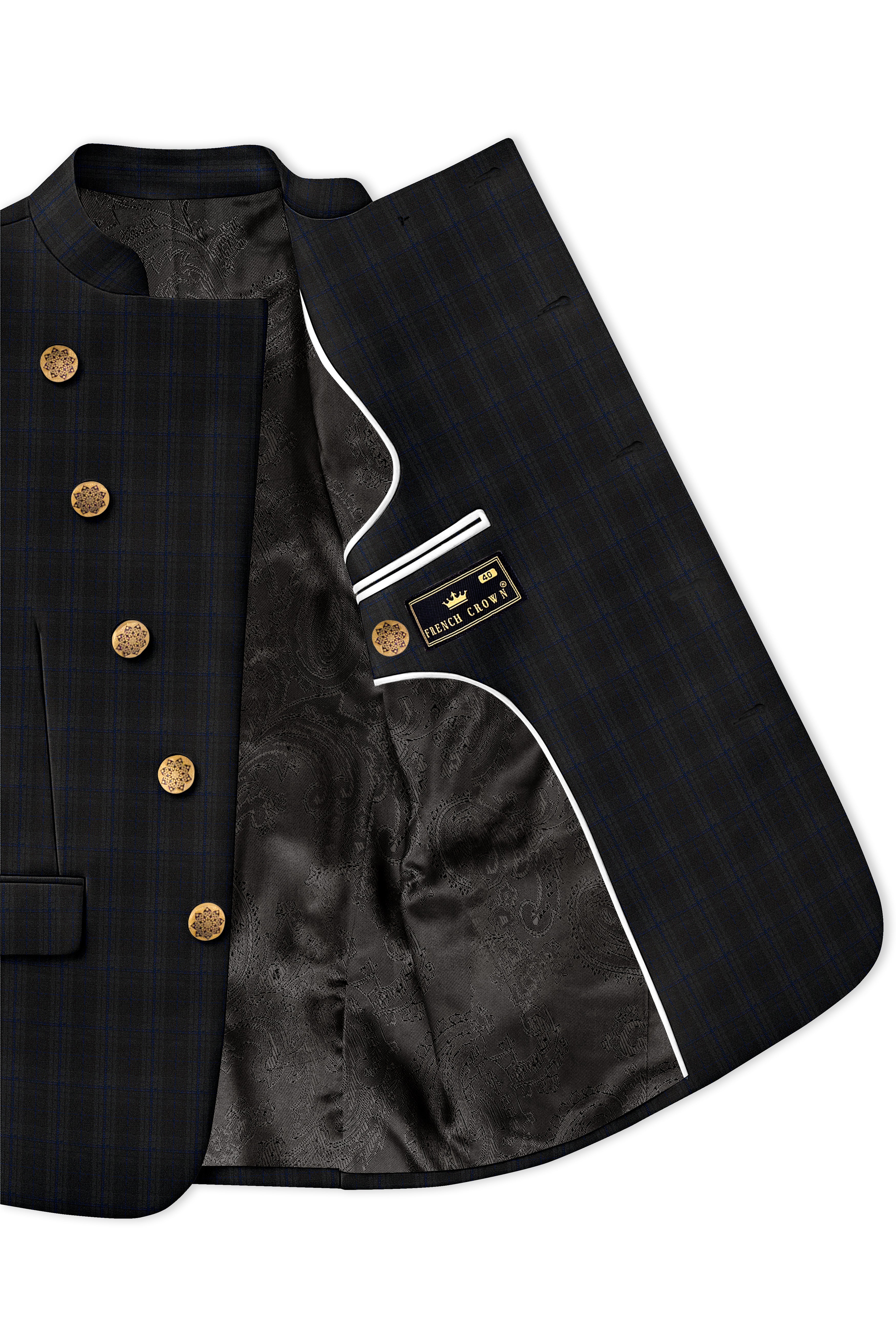 Thunder brown Plaid Cross Placket Bandhgala Wool Rich Blazer