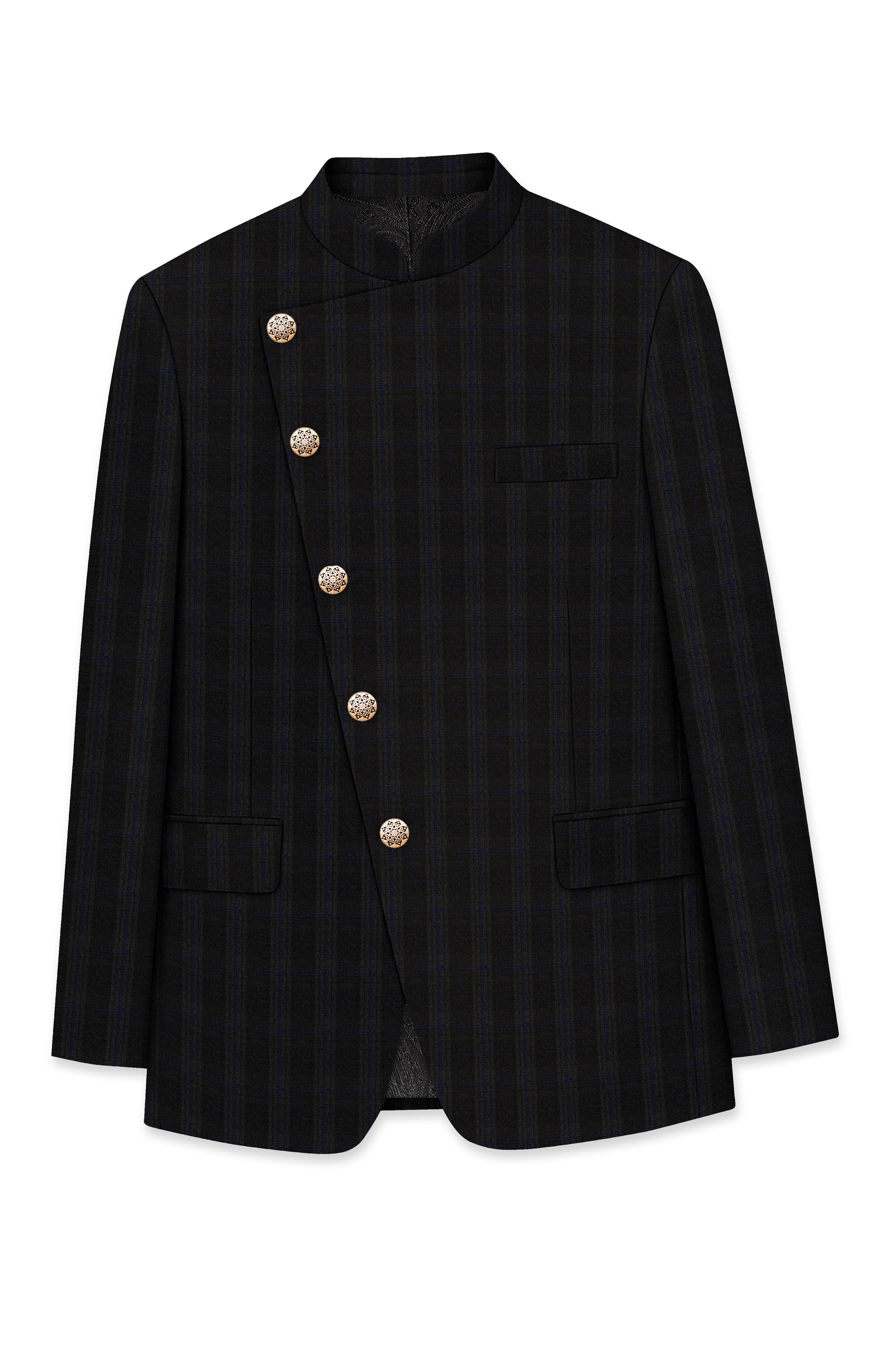 Thunder brown Plaid Cross Placket Bandhgala Wool Rich Blazer