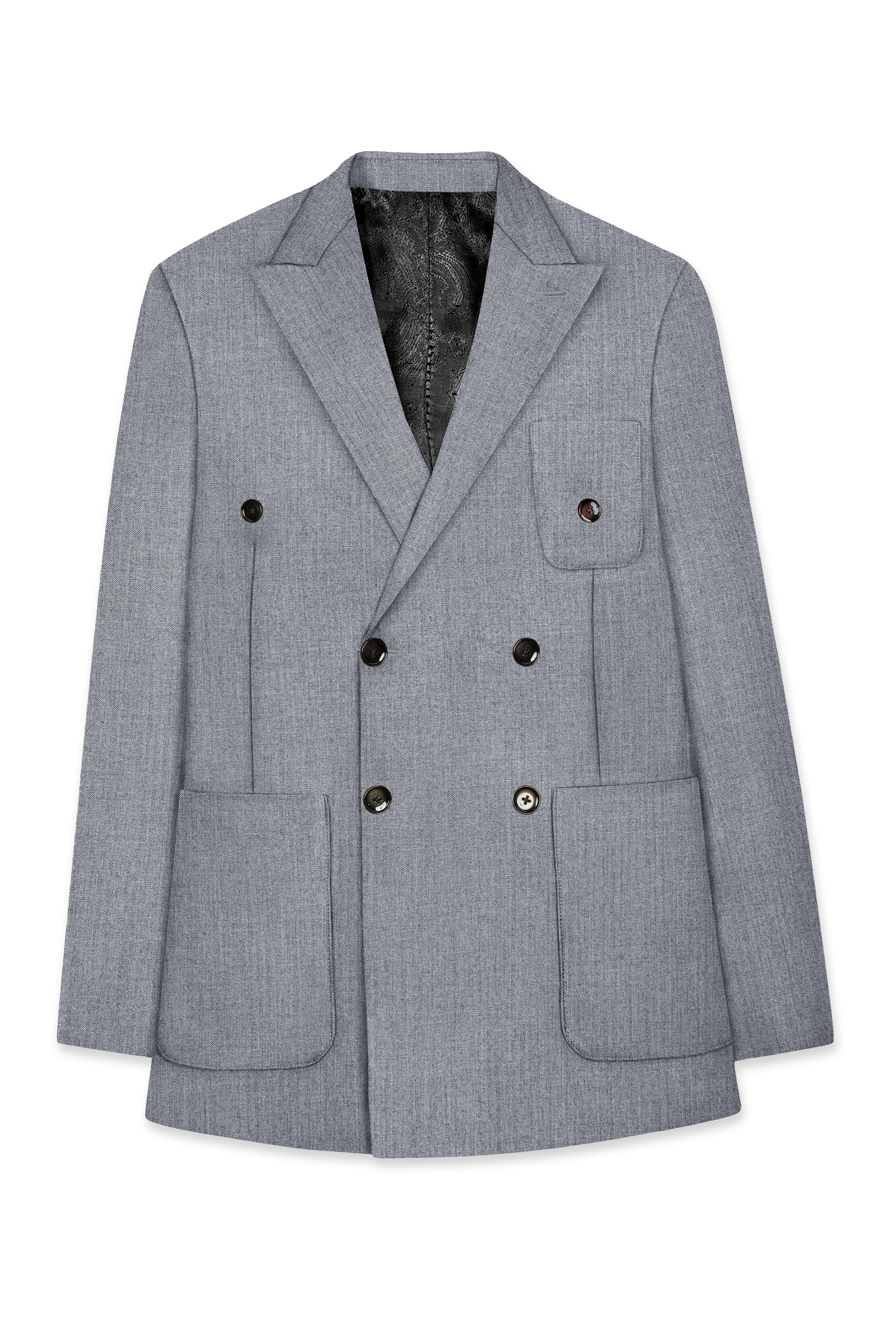 Spun Pearl Grey Herringbone Double-breasted Premium Cotton Sports Blazer