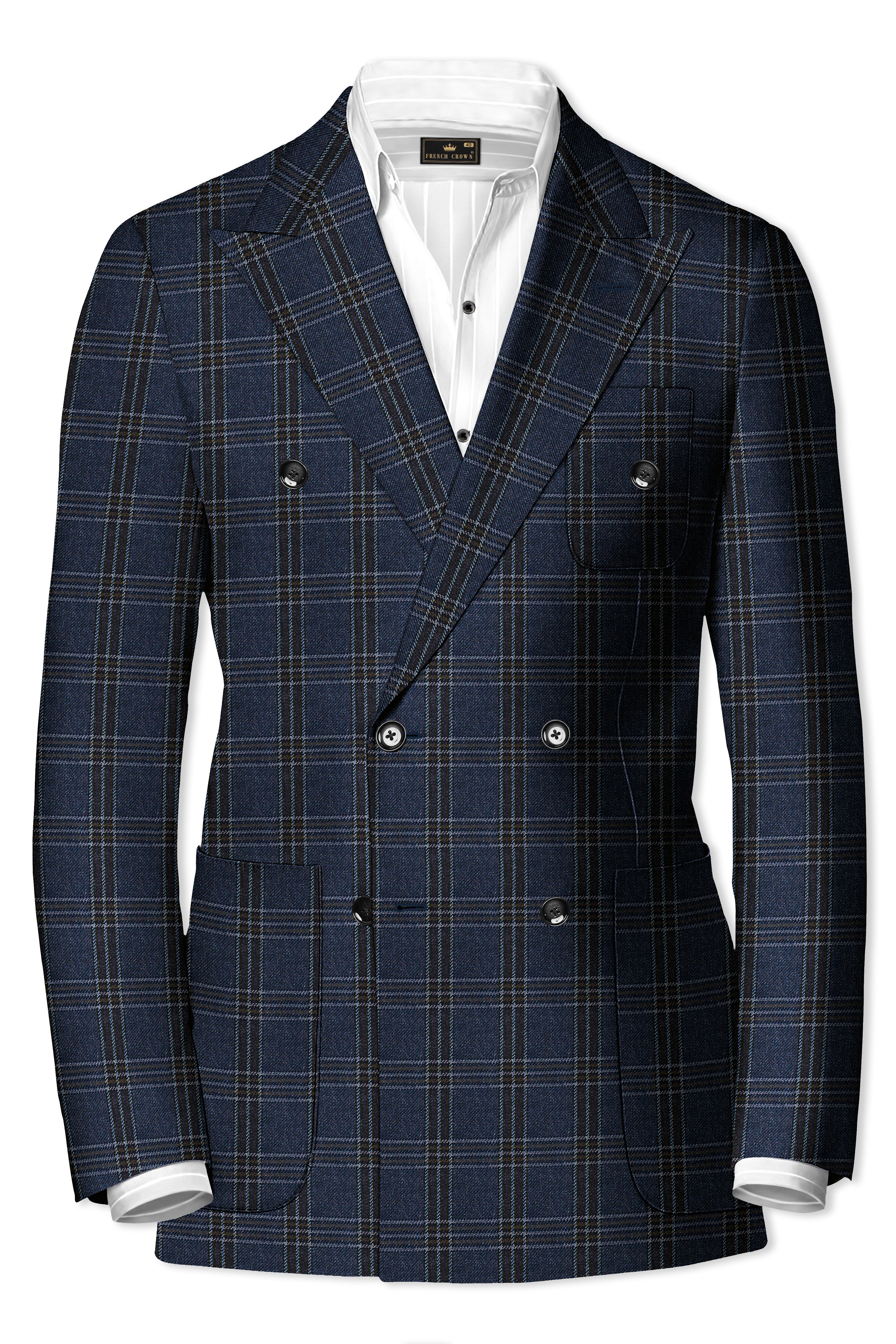 Licorice Blue Plaid heavyweight tweed Wool Rich Double Breasted Blazer