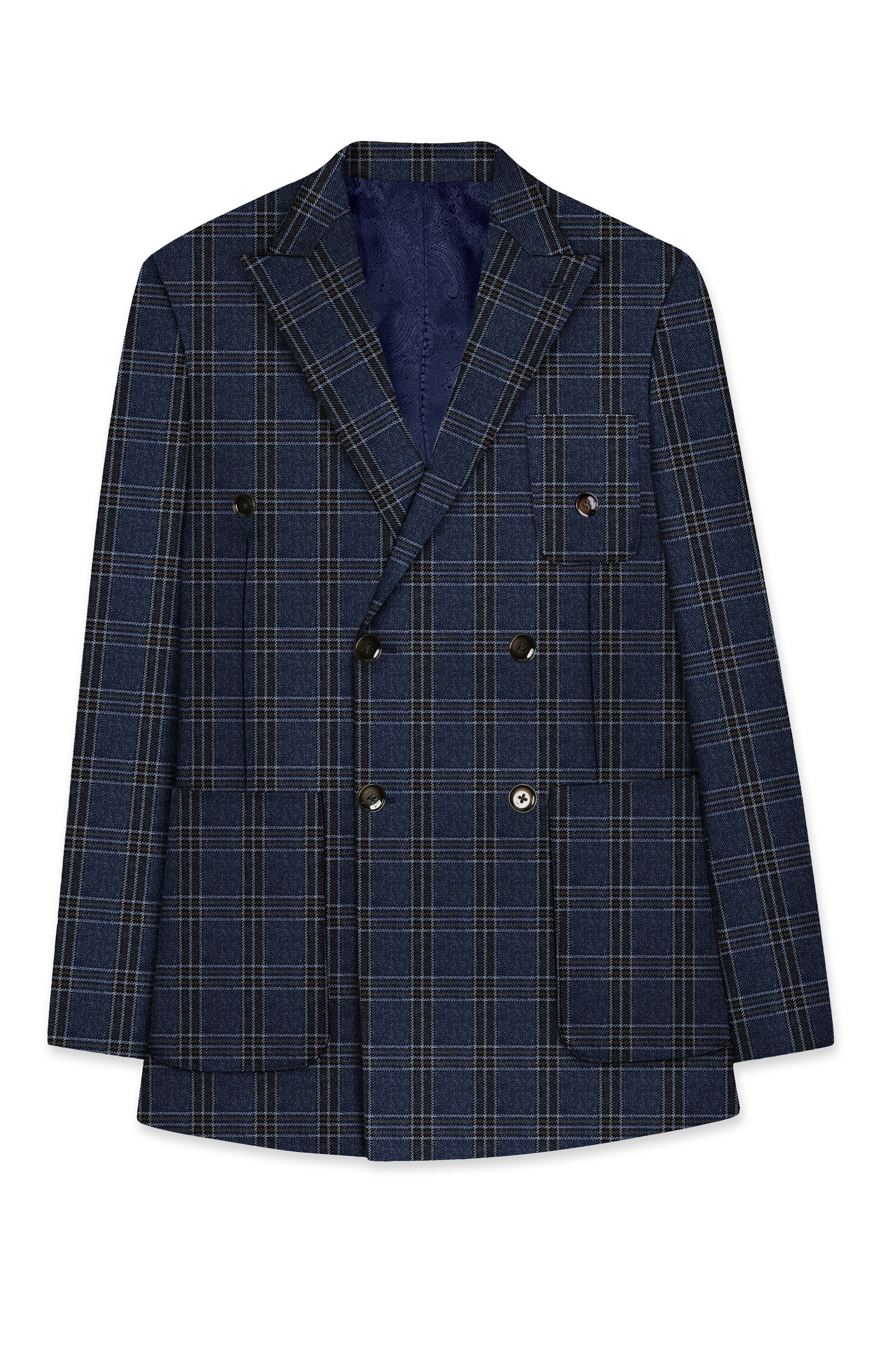 Licorice Blue Plaid heavyweight tweed Wool Rich Double Breasted Blazer