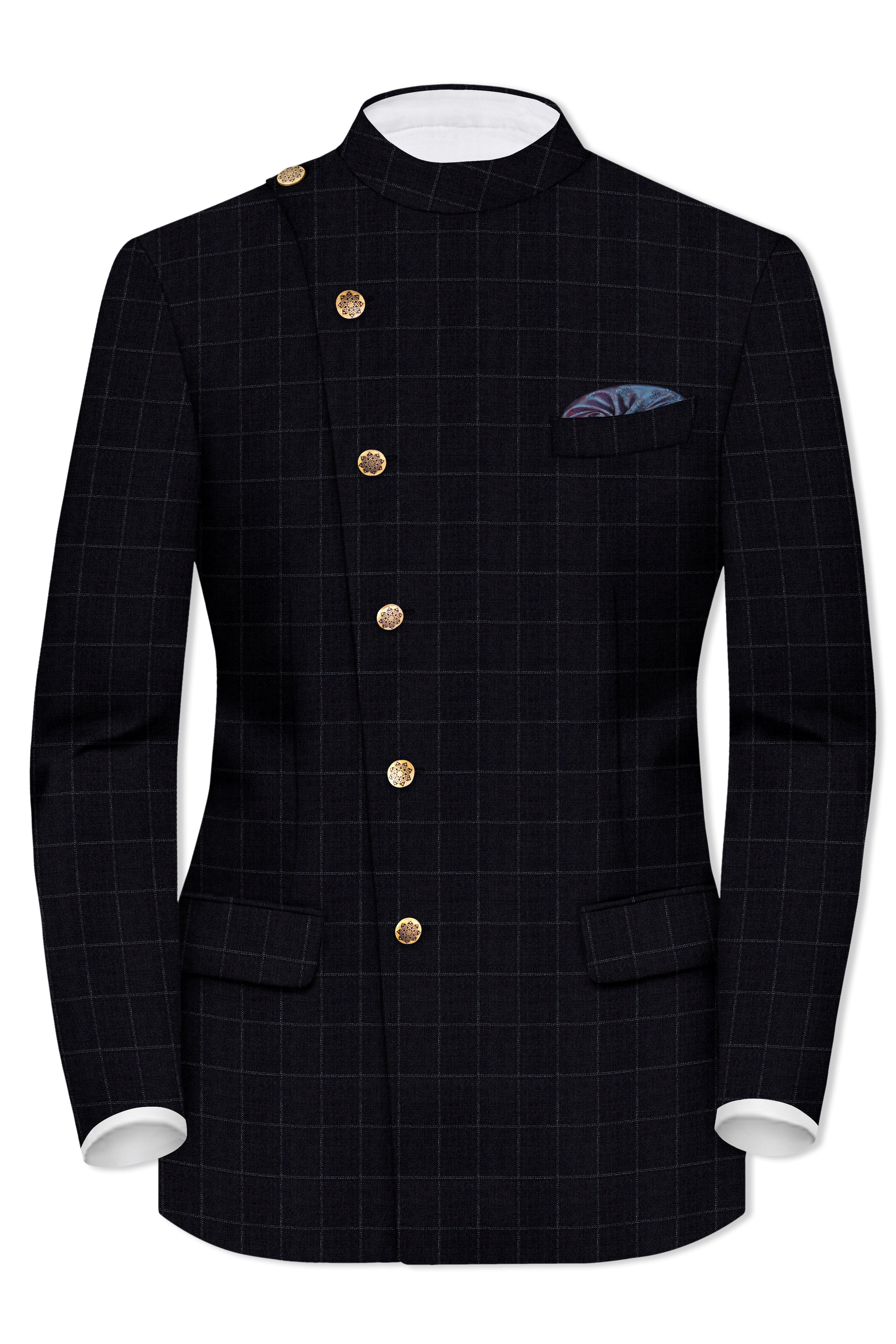 Log Cabin Black Super fine Windowpane Cross Placket Wool Rich Bandhgala Blazer