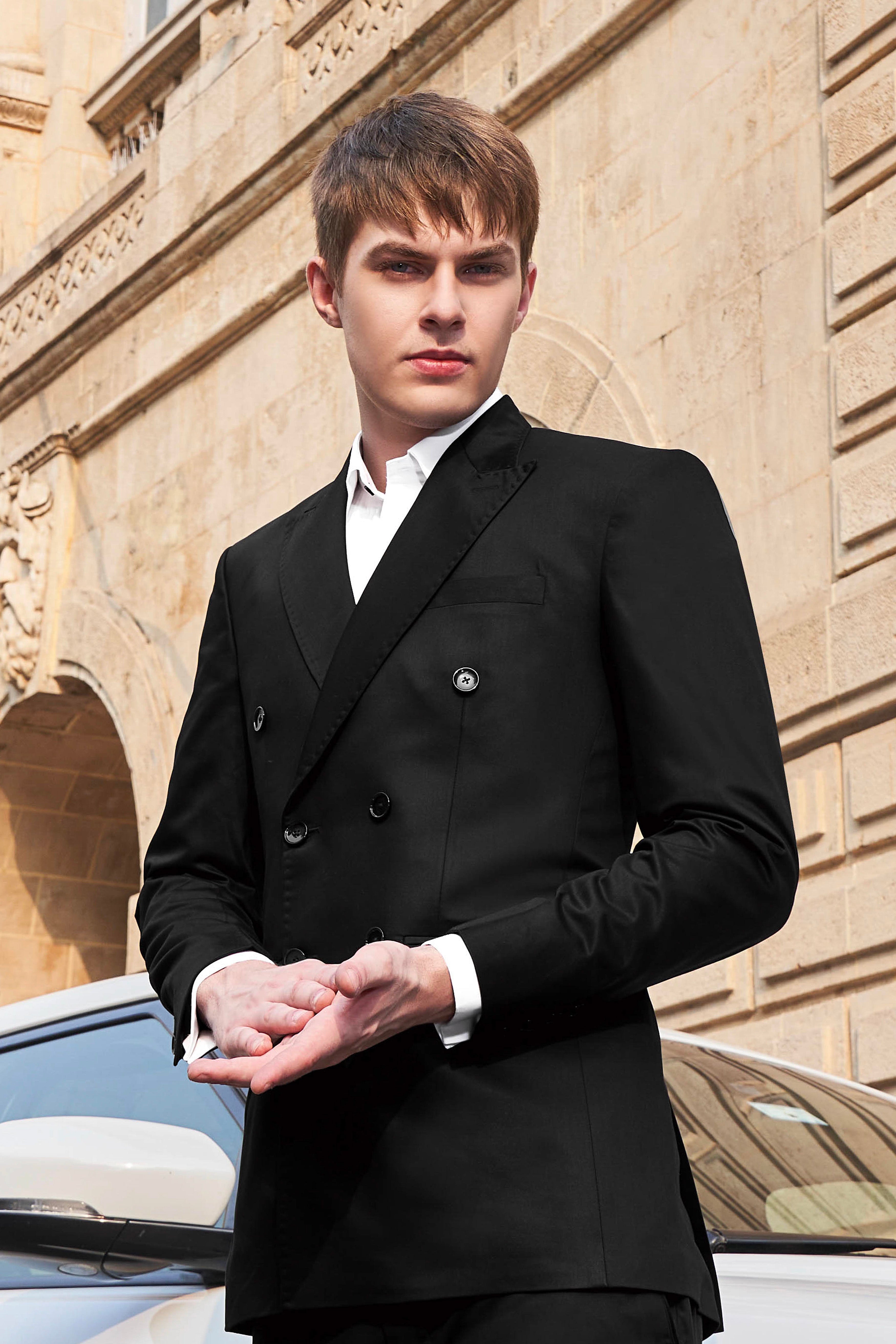 Jade Black Stretchable Subtle Sheen Double Breasted Blazer