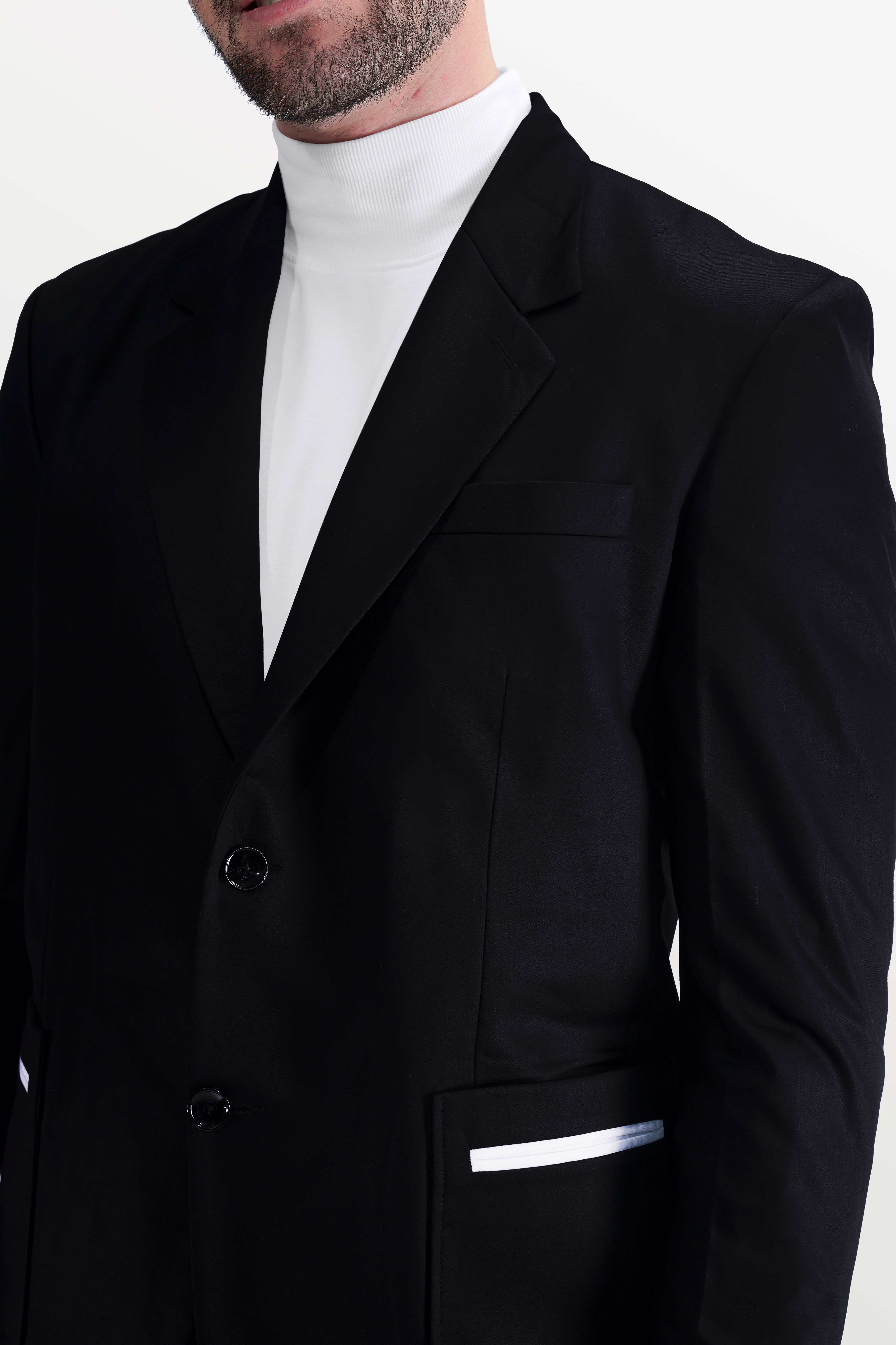 Jade Black Stretchable Subtle Sheen Patch Pockets Performance Blazer
