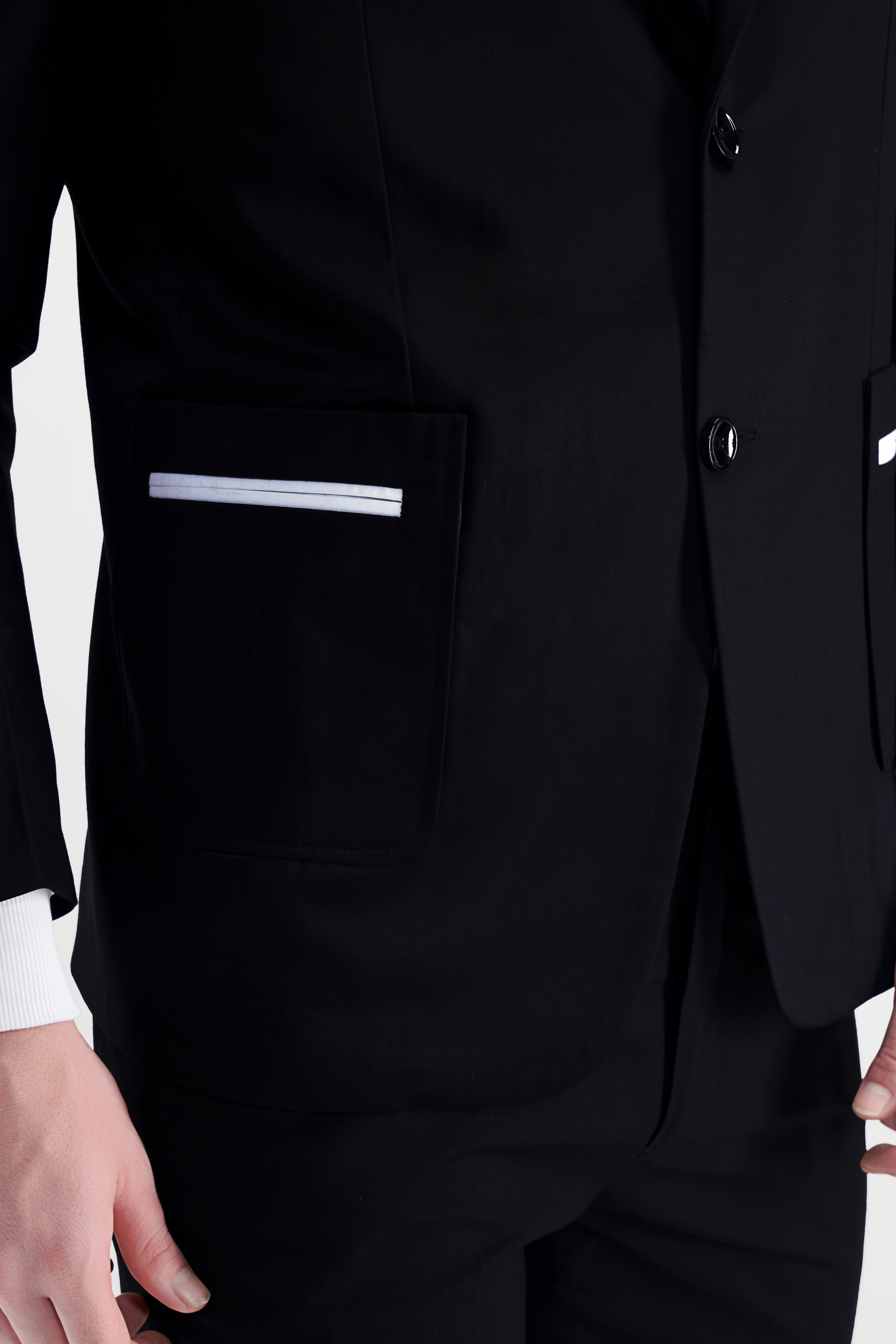 Jade Black Stretchable Subtle Sheen Patch Pockets Performance Blazer