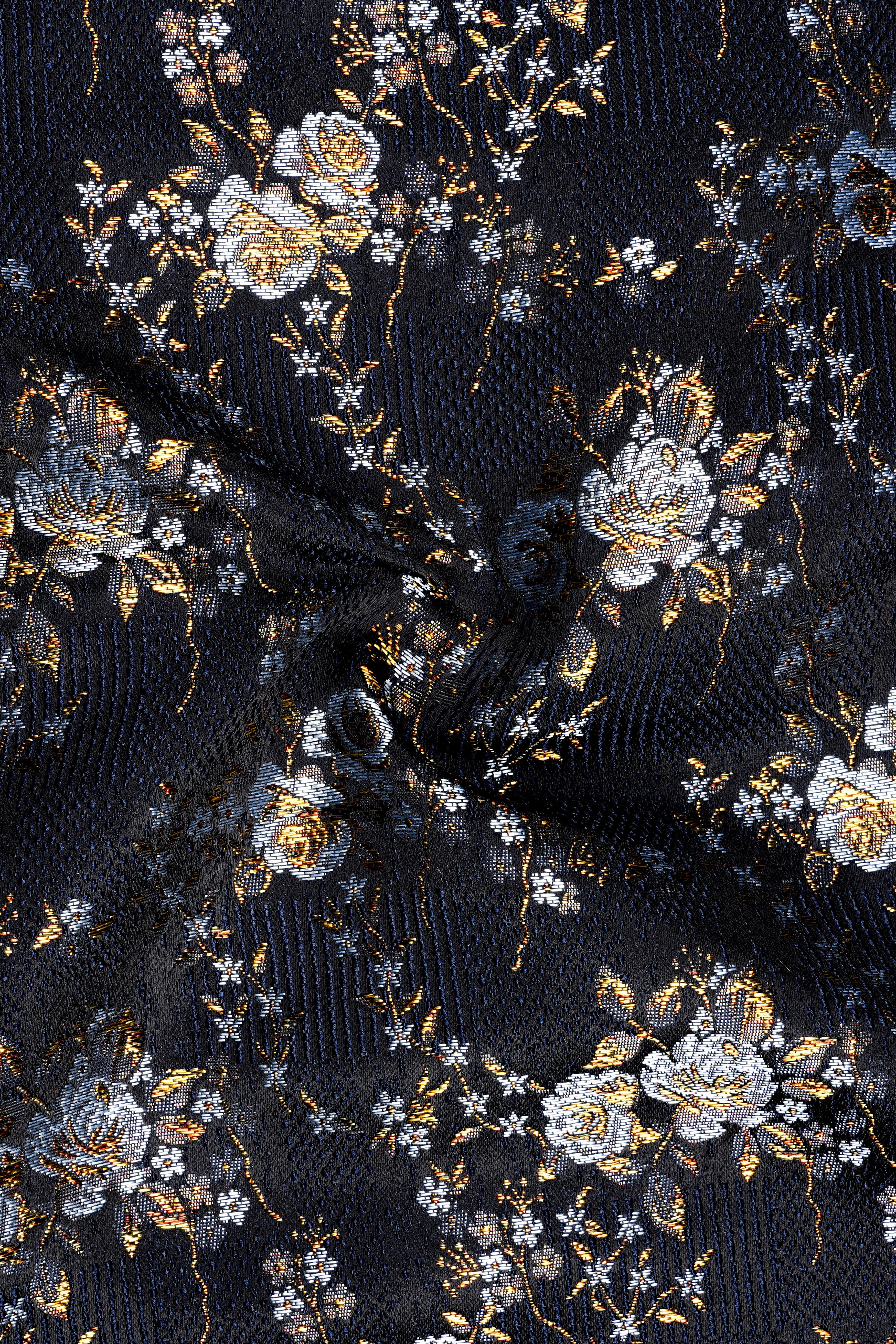 Chambray Blue with White Rose & Lily Textured Cross Placket Bandhgala Designer Blazer