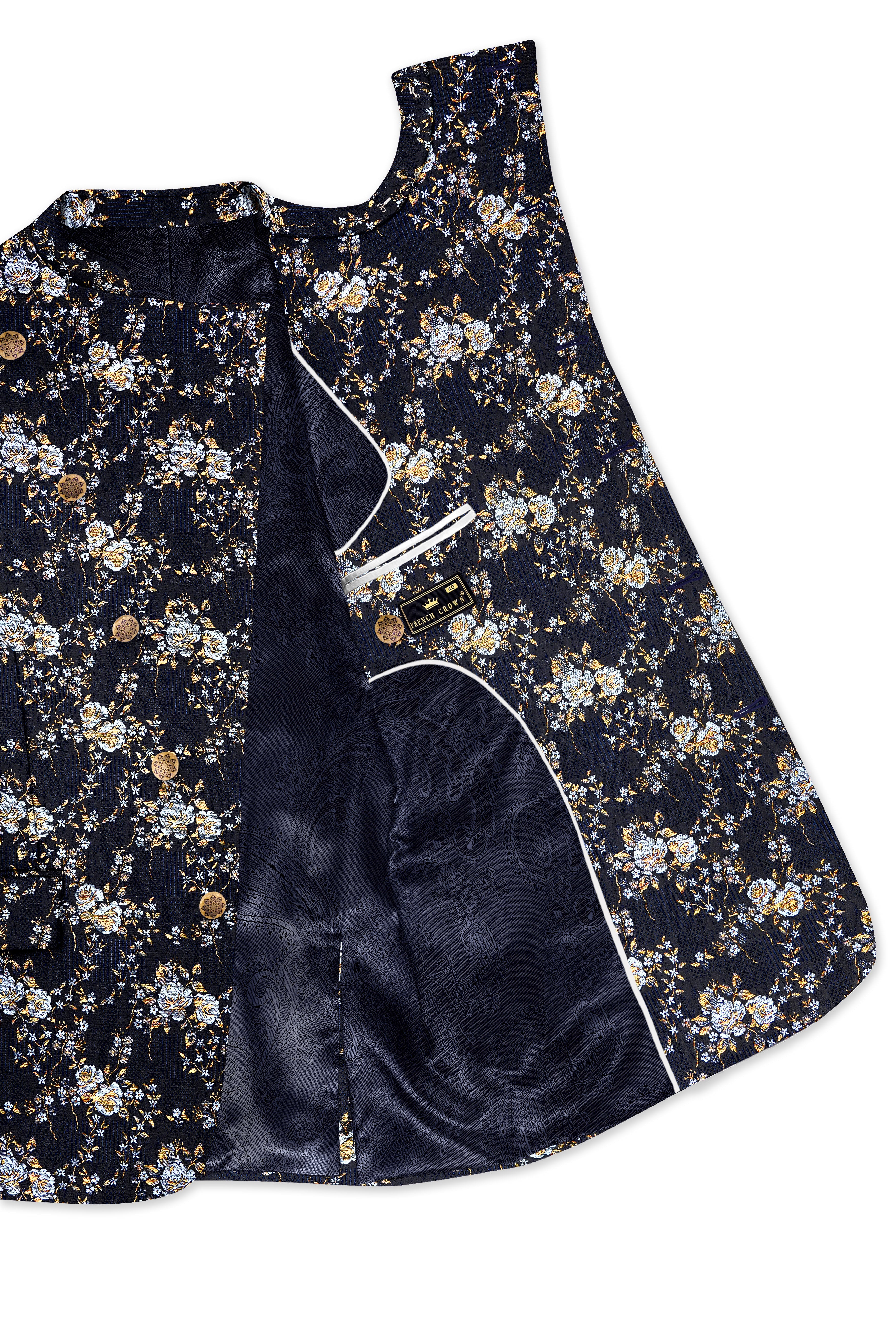 Chambray Blue with White Rose & Lily Textured Cross Placket Bandhgala Designer Blazer