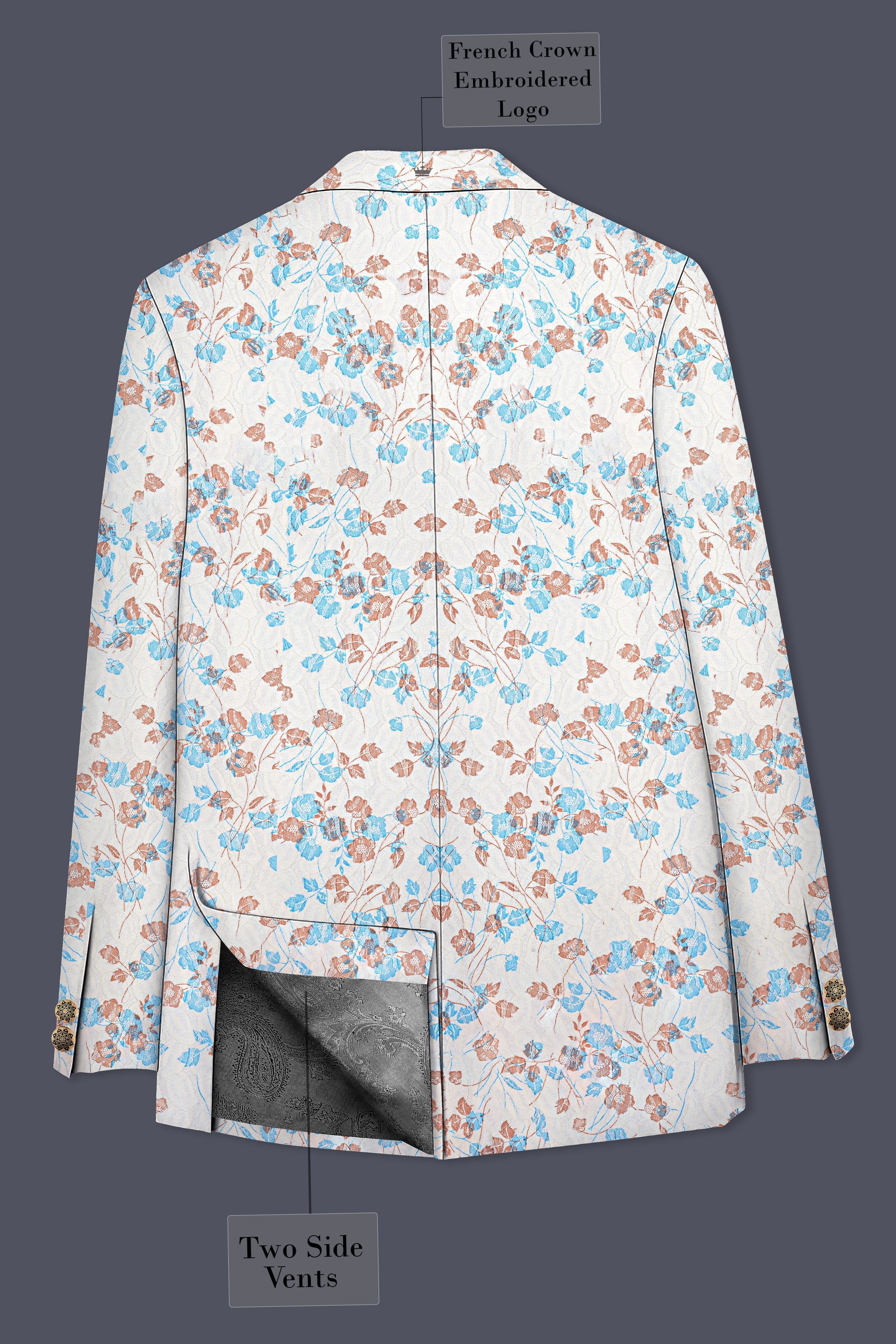 Bright White Floral and Leaves Textured Cross Placket Bandhgala Designer Blazer