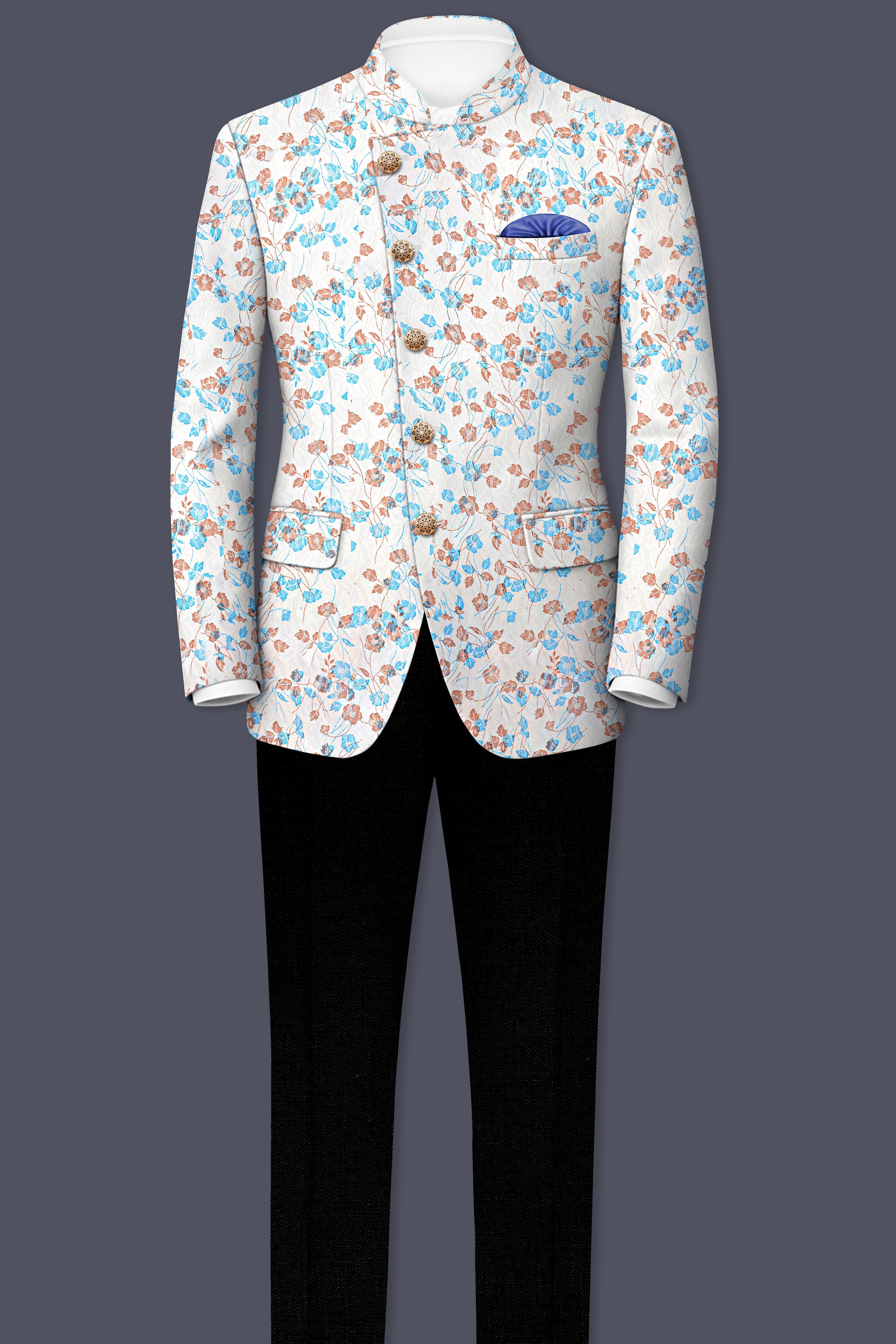 Bright White Floral and Leaves Textured Cross Placket Bandhgala Designer Blazer