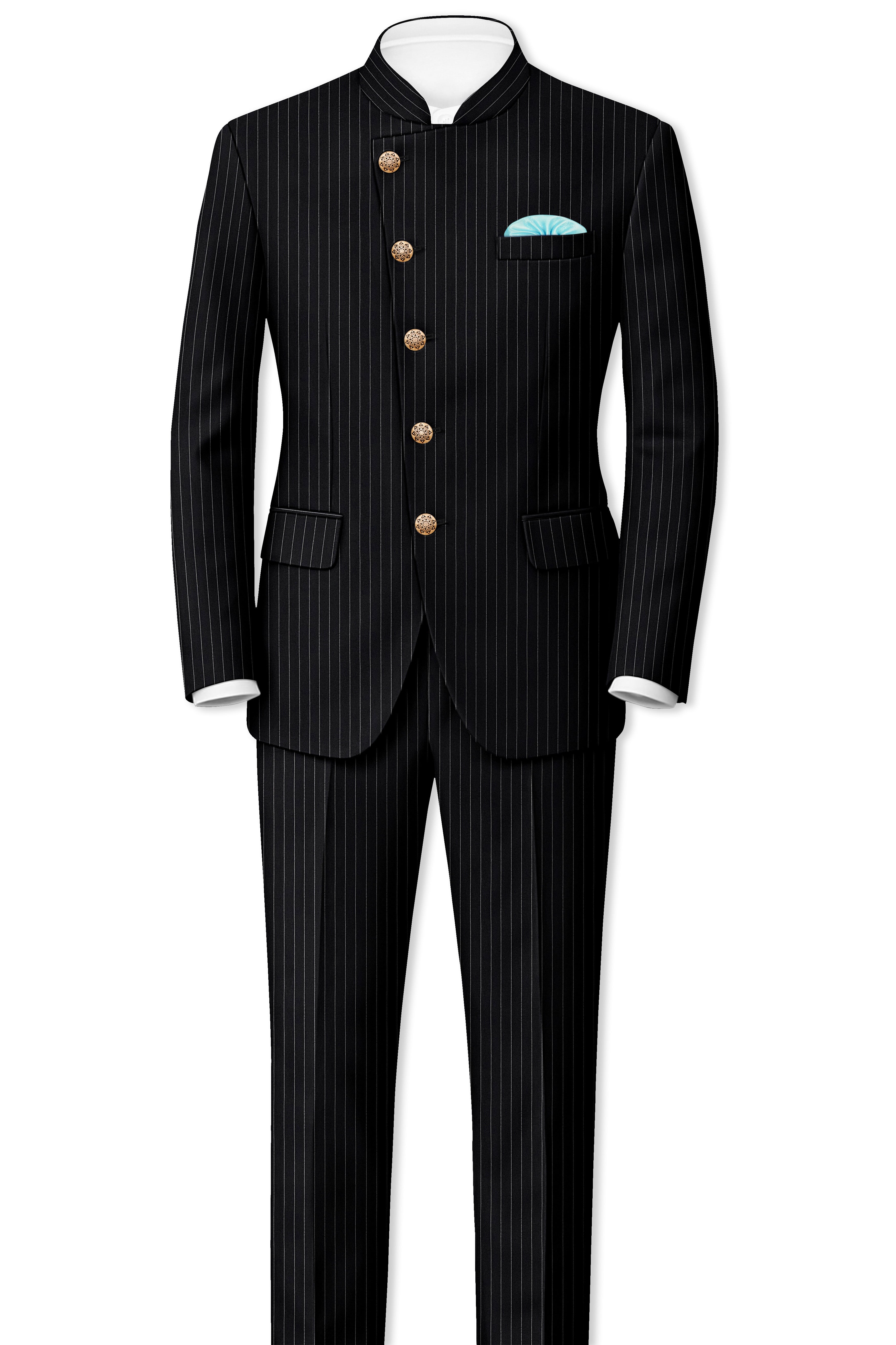Jade Black Striped Cross Placket Bandhgala Blazer