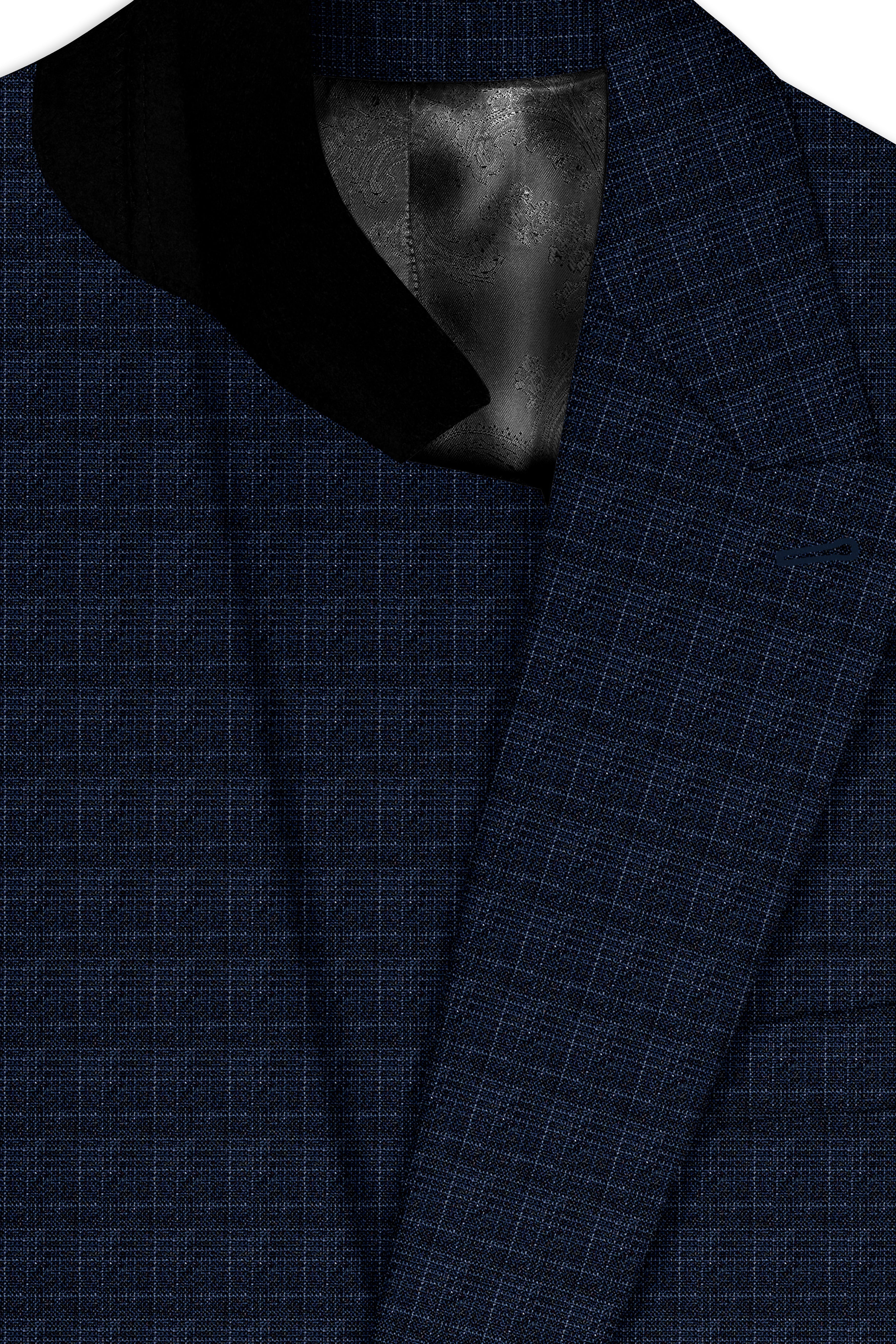 Ebony Clay Gray and Metallic Blue Plaid Double-Breasted Blazer