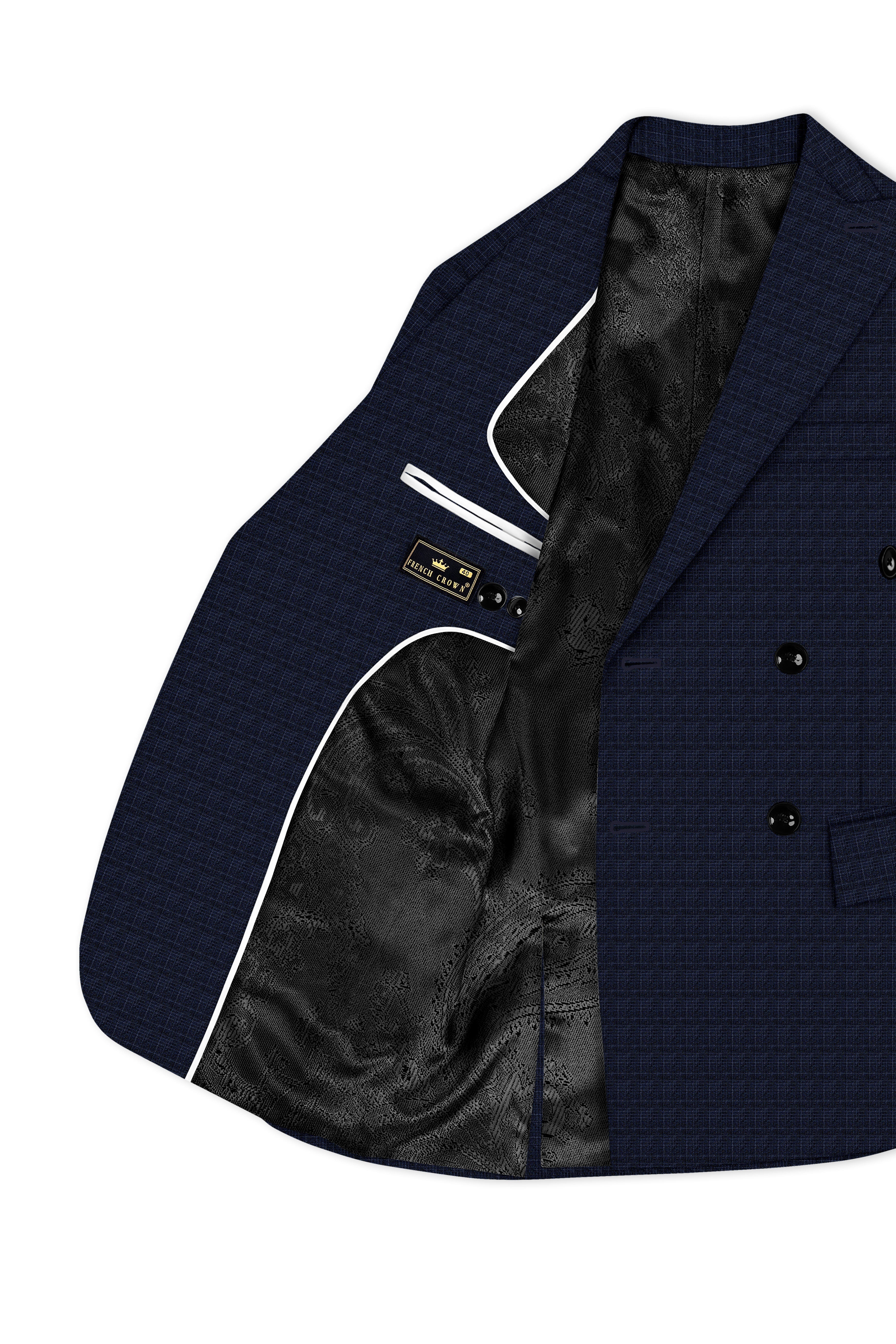 Ebony Clay Gray and Metallic Blue Plaid Double-Breasted Blazer