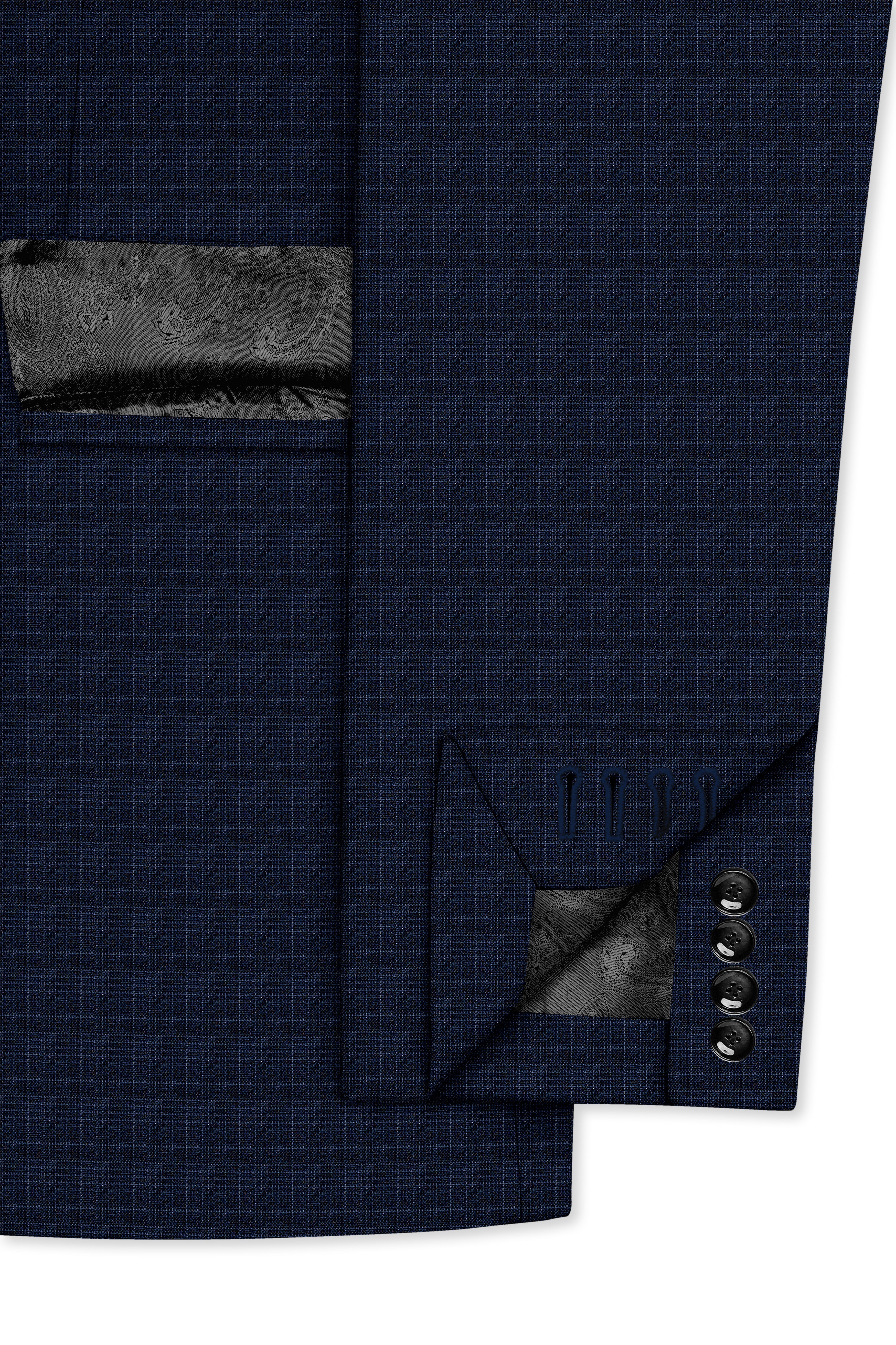 Ebony Clay Gray and Metallic Blue Plaid Double-Breasted Blazer