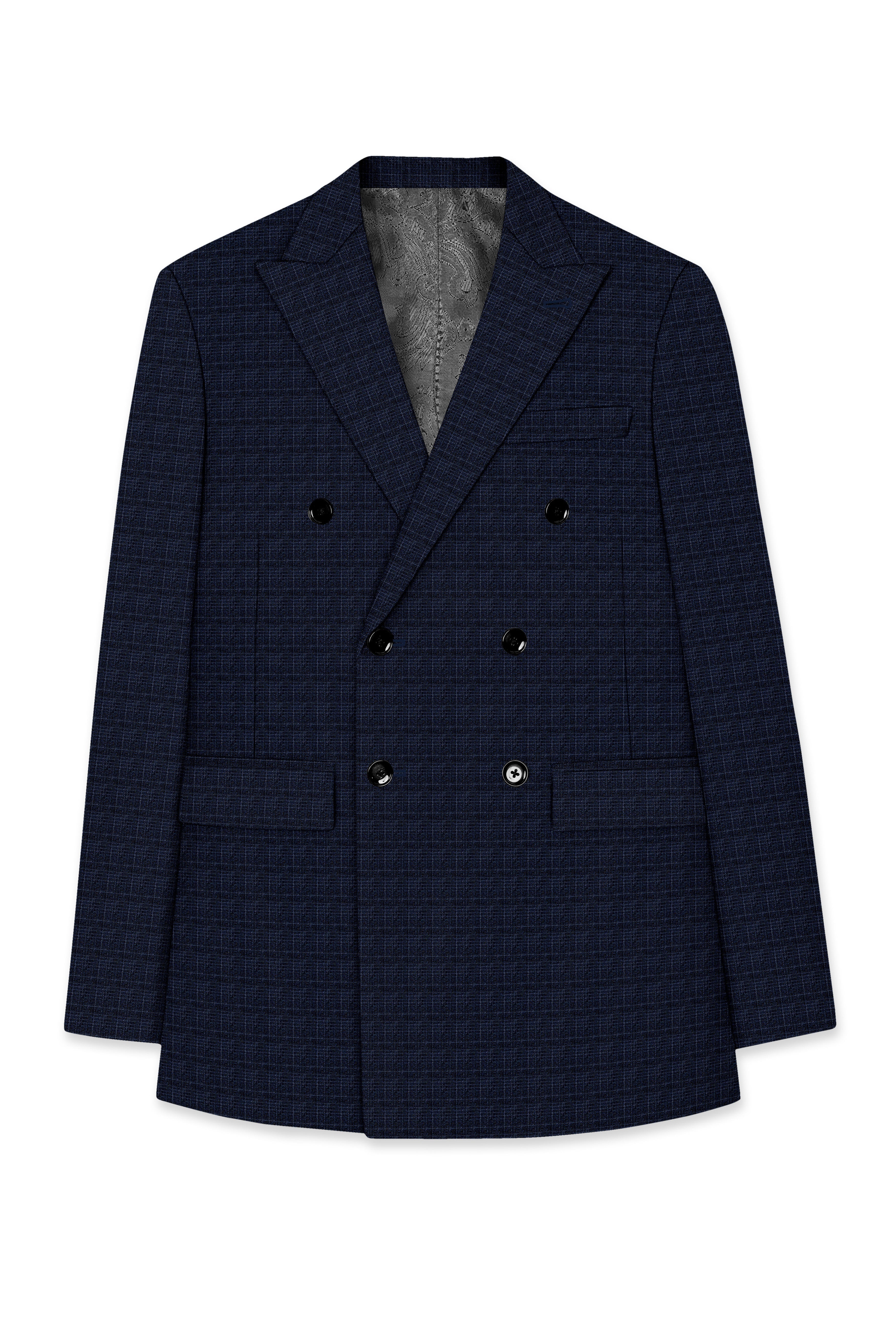 Ebony Clay Gray and Metallic Blue Plaid Double-Breasted Blazer