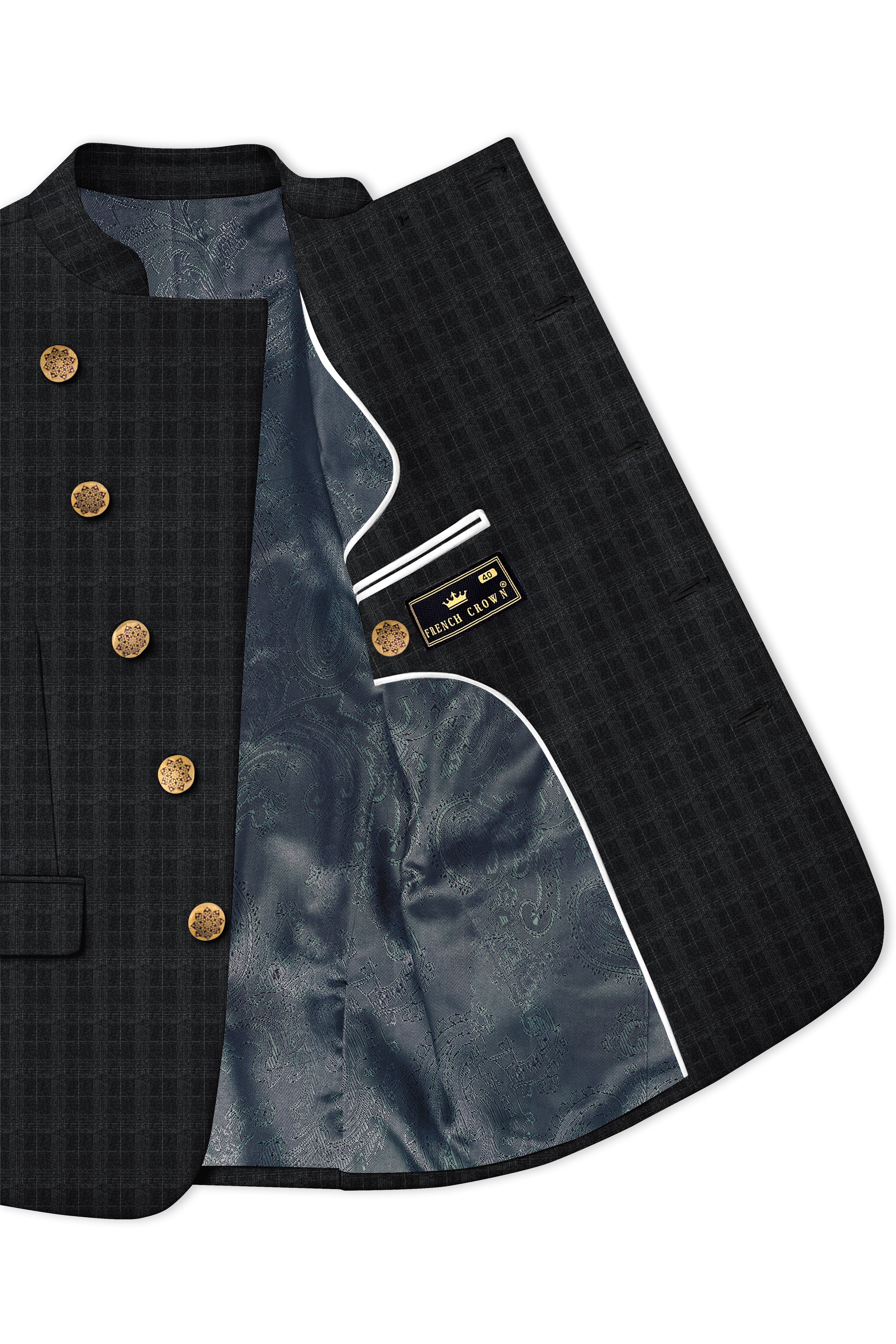 Charcoal Gray Plaid Cross Placket Bandhgala Blazer