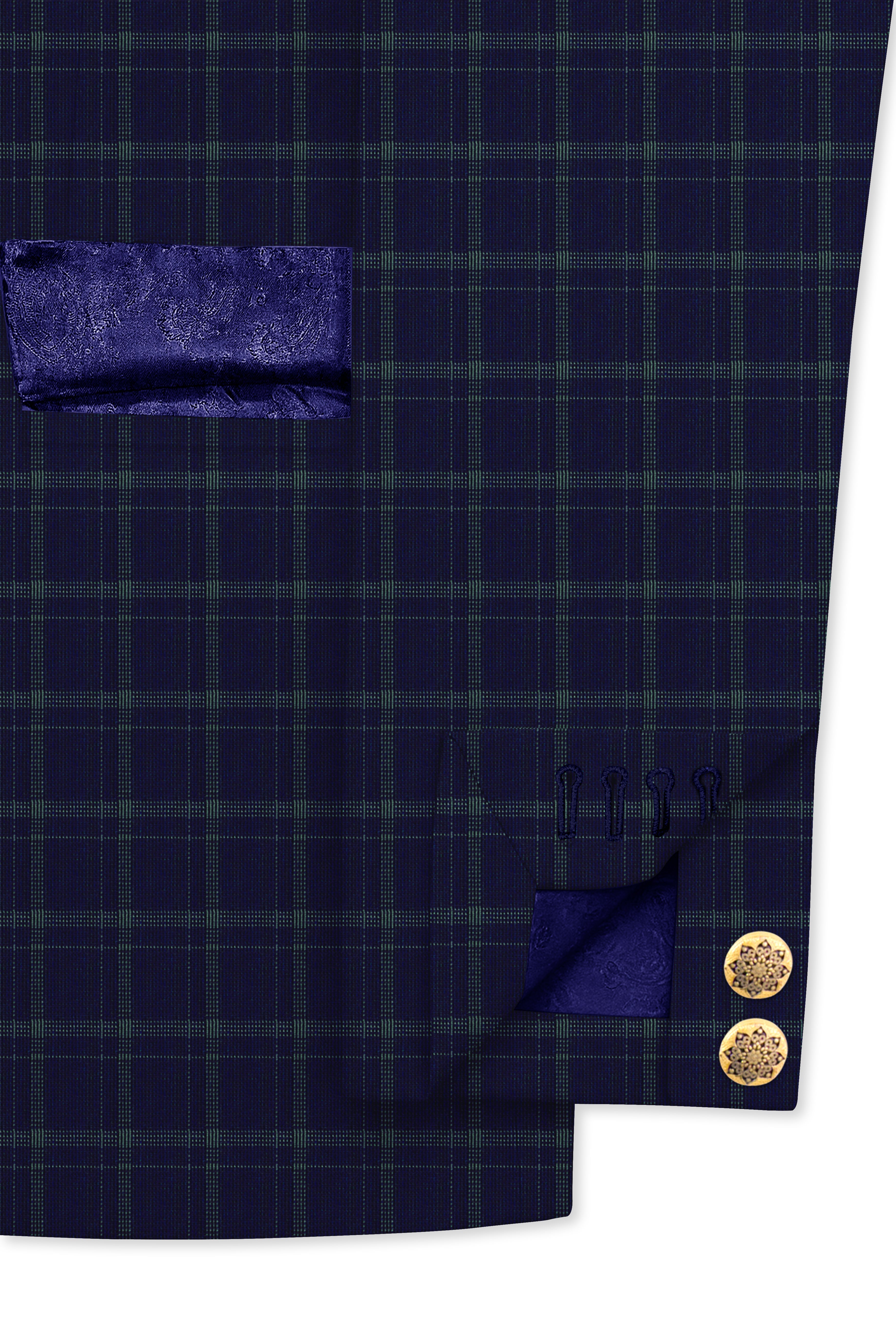 Mulled Wine Blue With Casper Gray Checkered Cross Placket Bandhgala Blazer