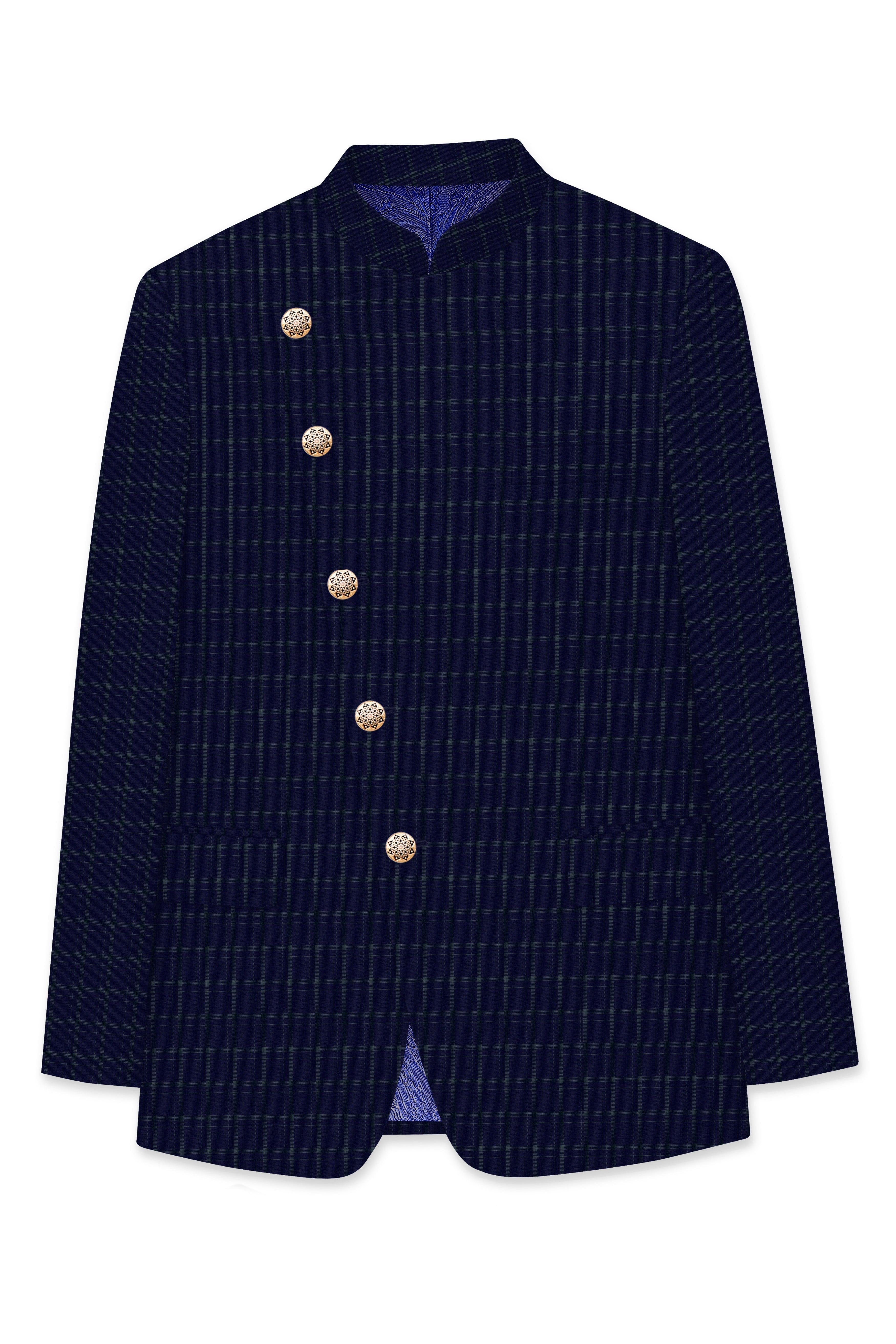 Mulled Wine Blue With Casper Gray Checkered Cross Placket Bandhgala Blazer