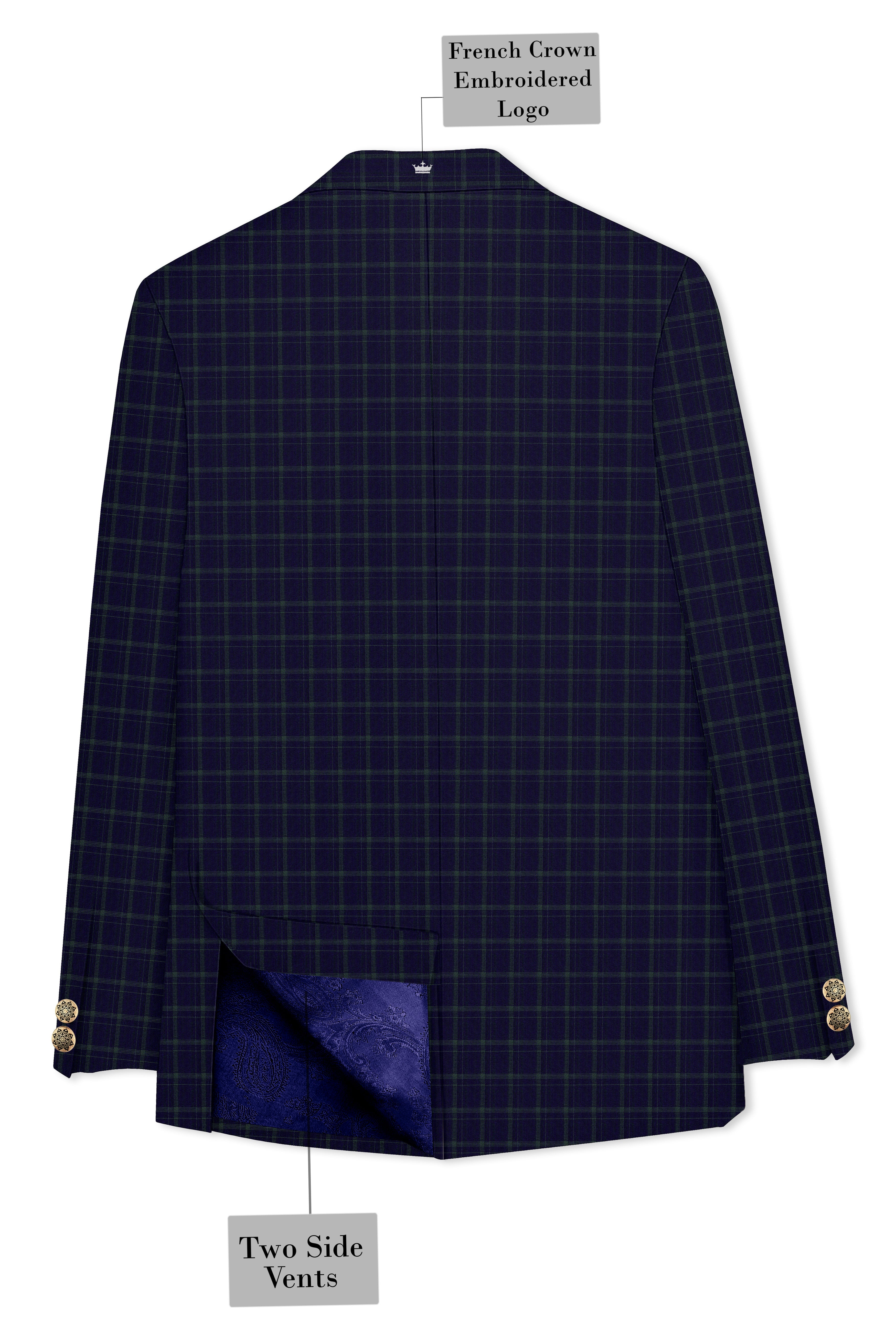 Mulled Wine Blue With Casper Gray Checkered Cross Placket Bandhgala Blazer