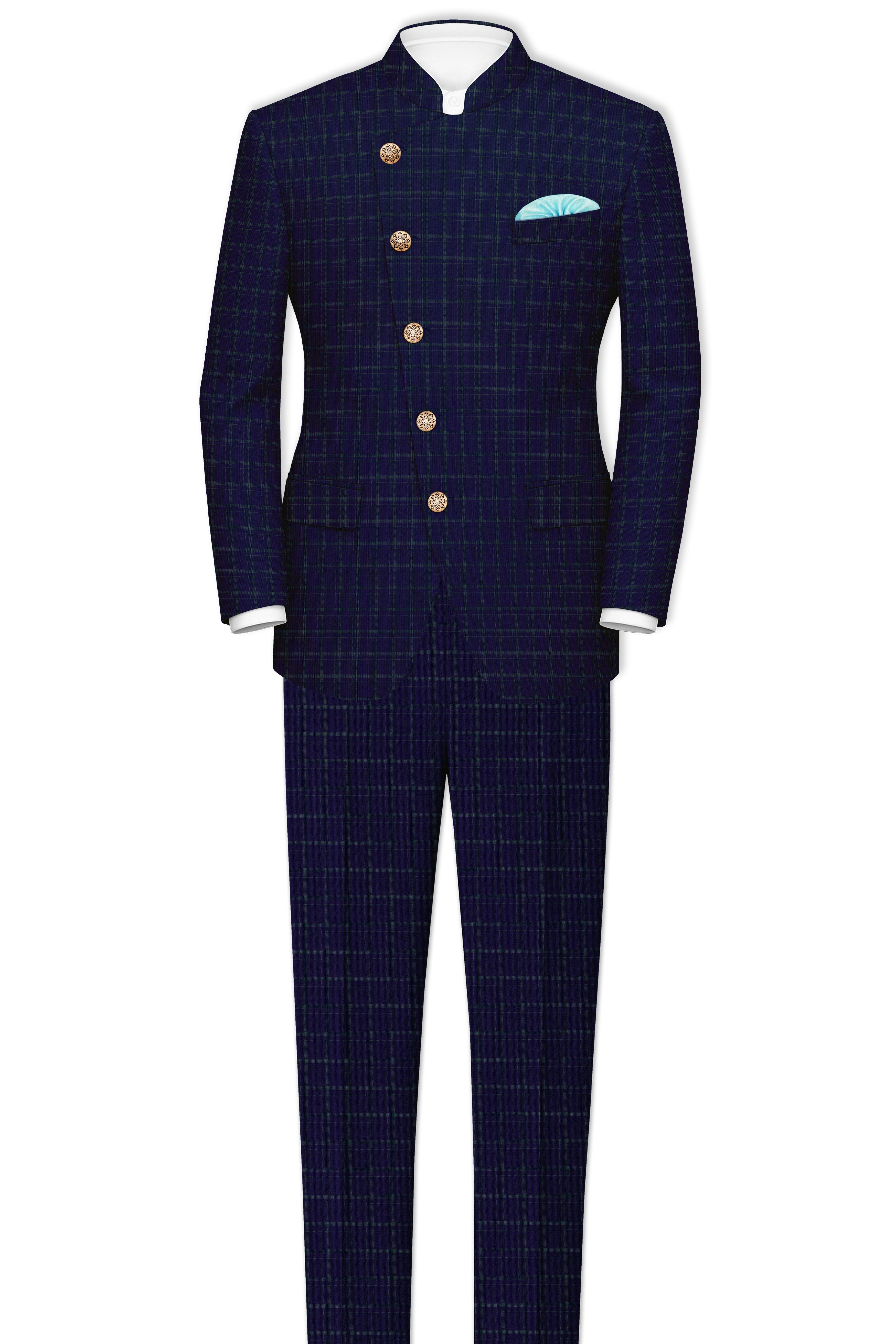 Mulled Wine Blue With Casper Gray Checkered Cross Placket Bandhgala Blazer