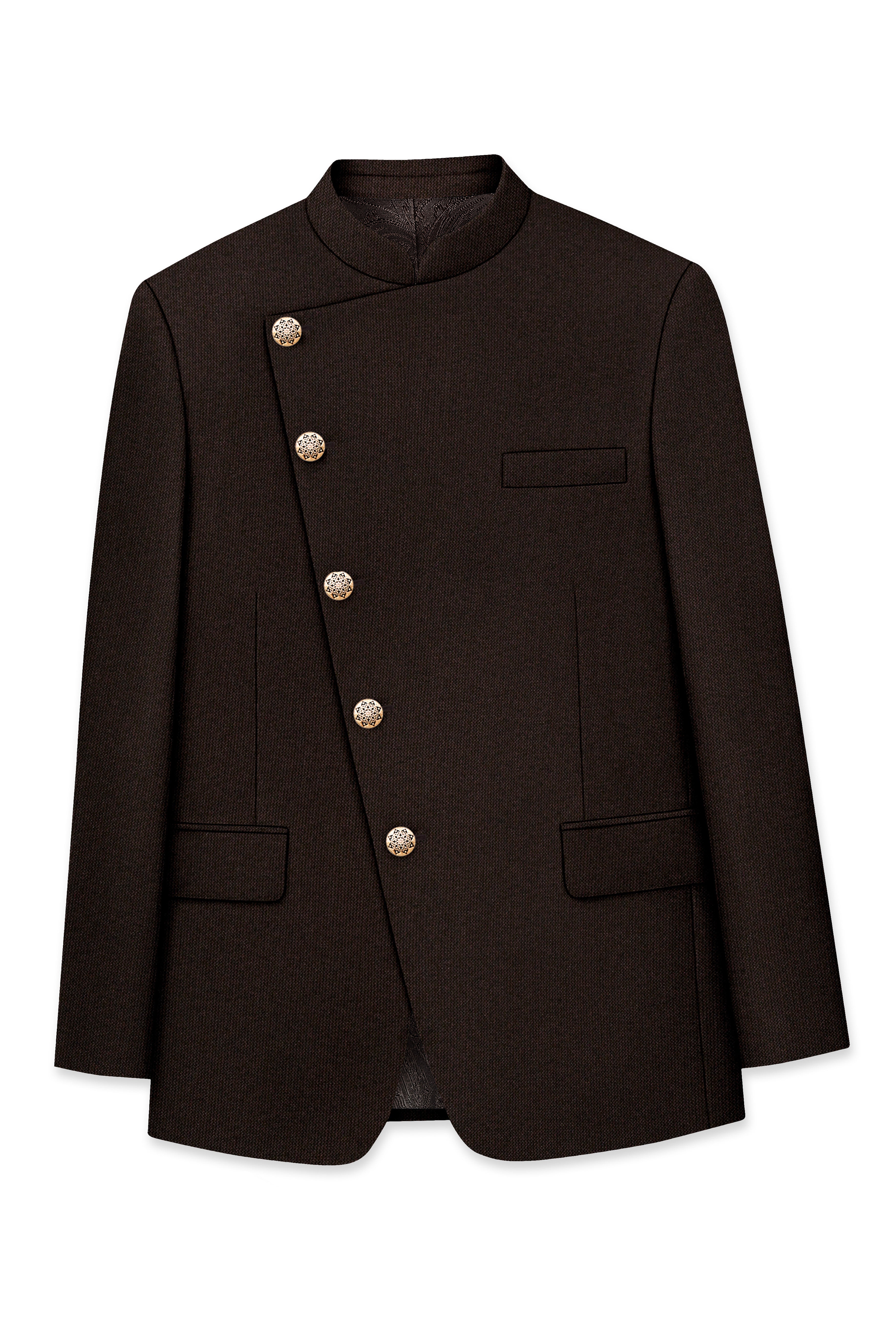 English Walnut Brown Cross Placket Bandhgala Blazer