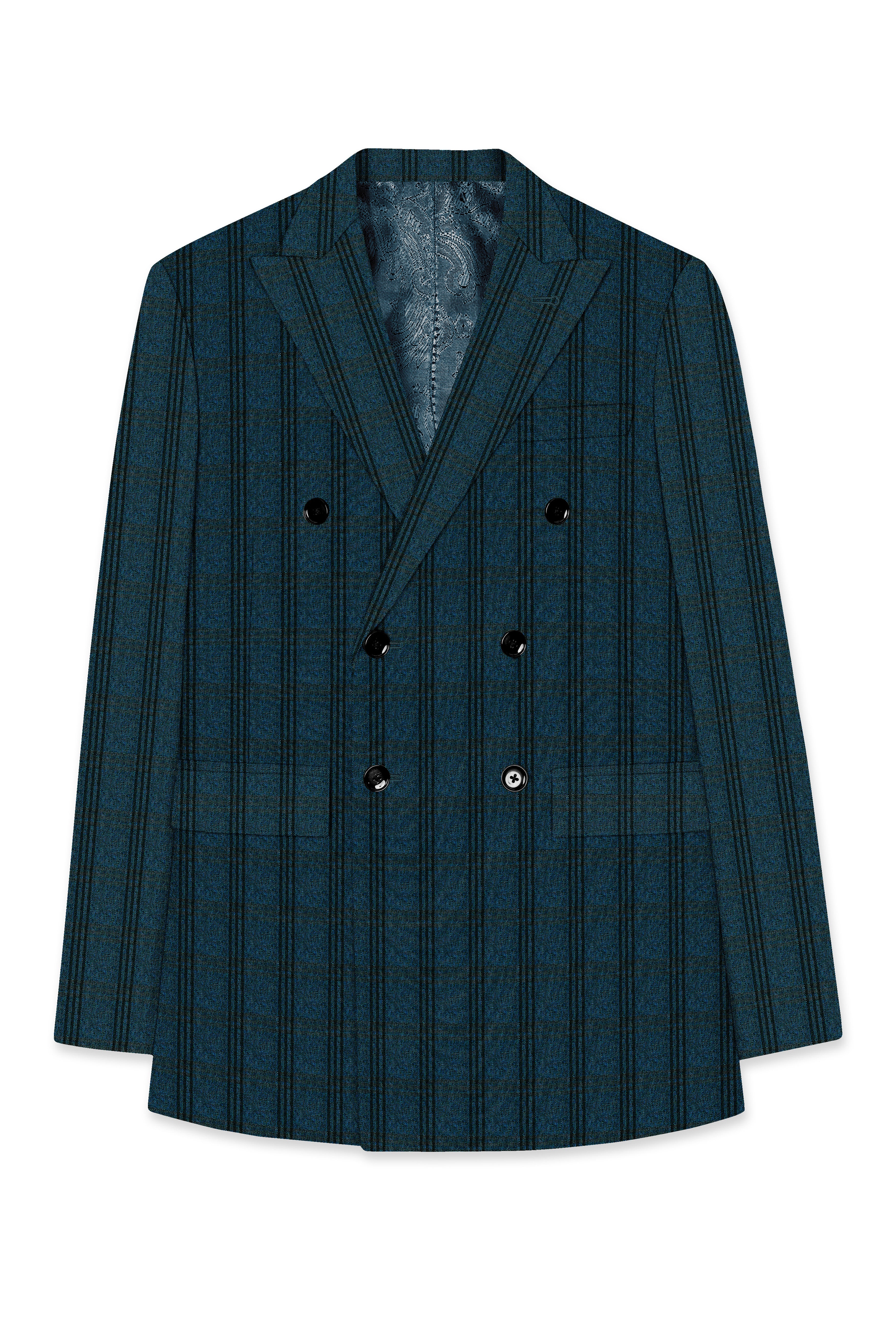 Sapphire Blue With Black Plaid Double Breasted Blazer