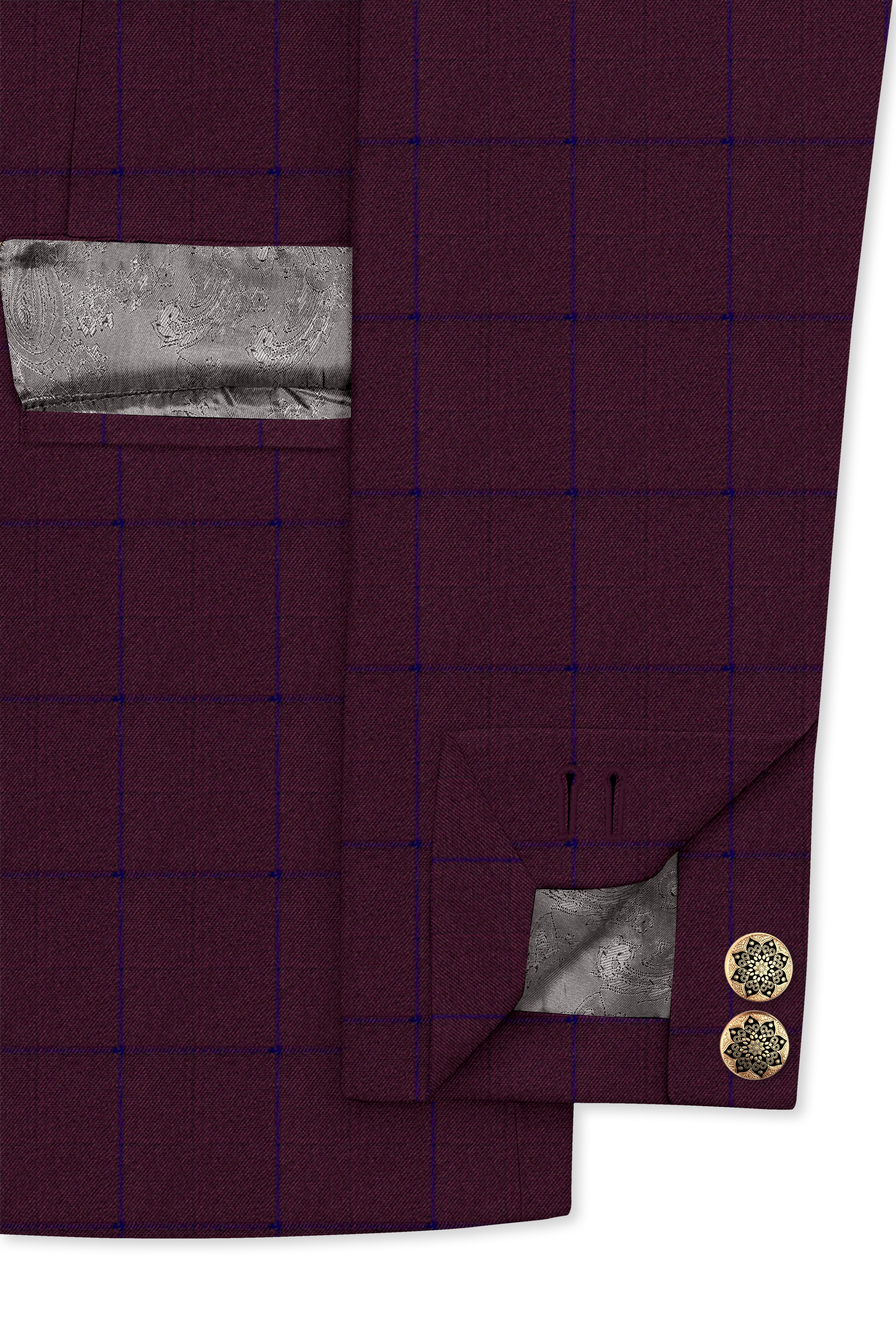 Wine Berry With Haiti Blue Windowpane Cross Placket Bandhgala Blazer