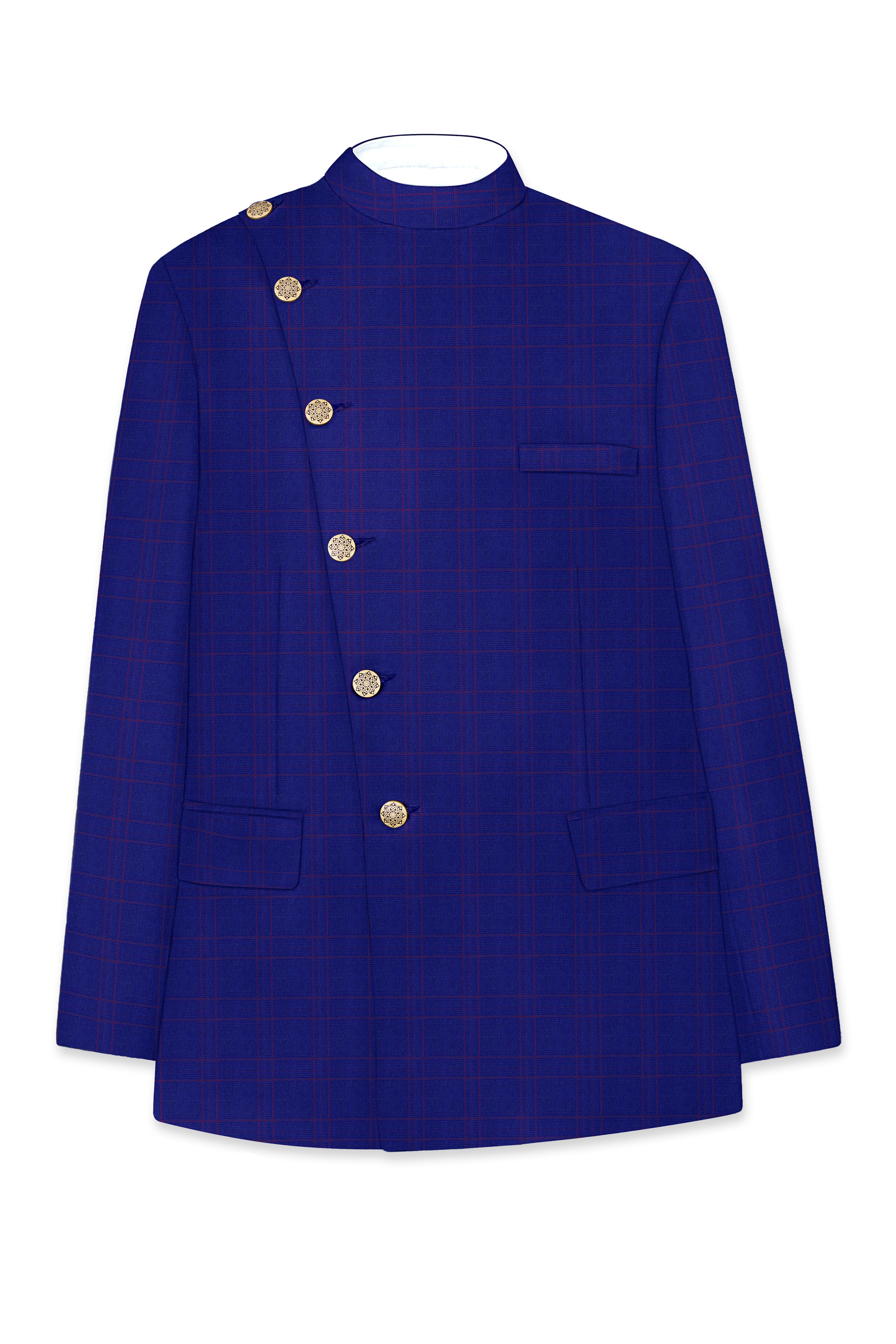 Christalle Blue with Fuchsia Pink Windoepane Cross Placket Bandhgala Blazer