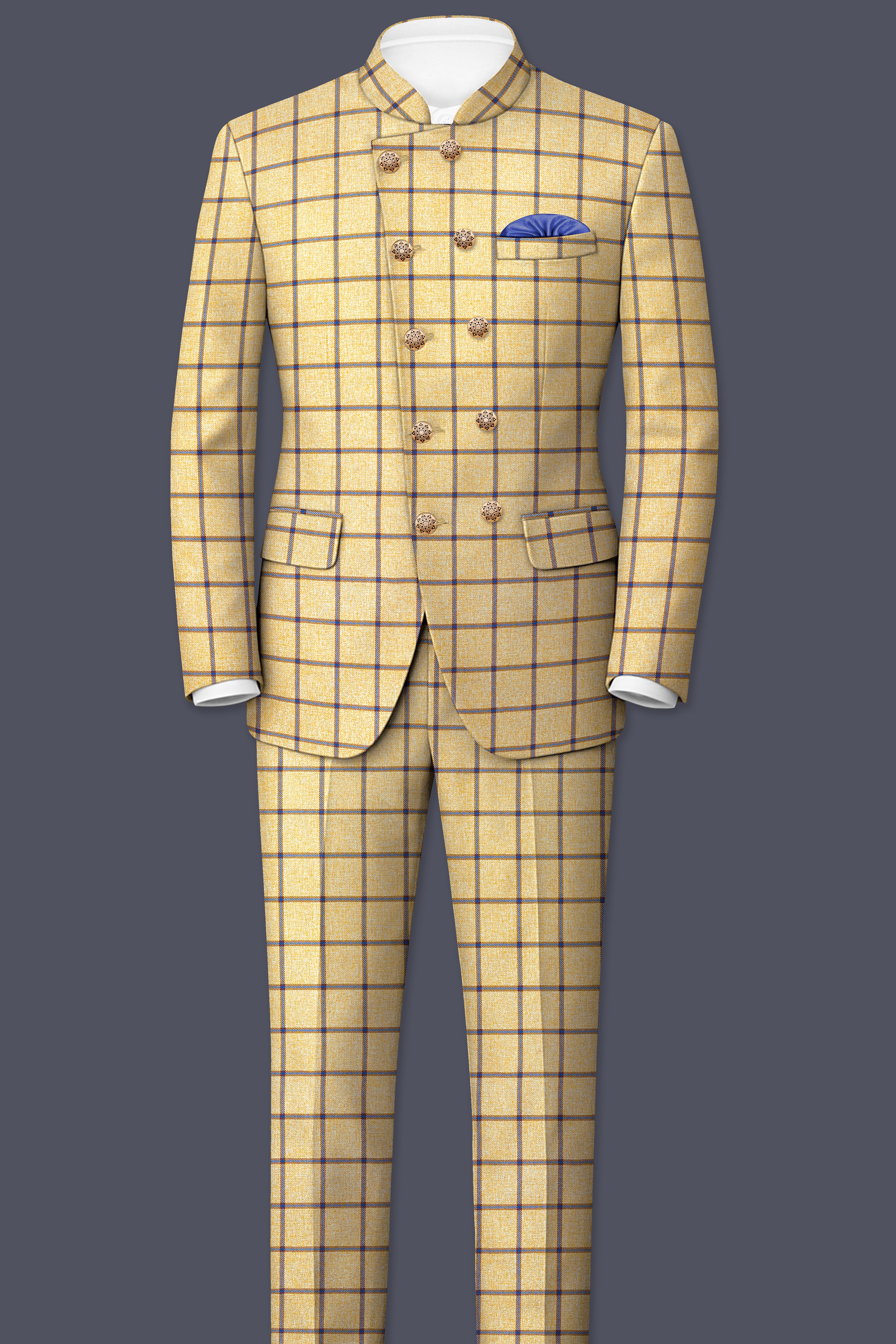 Mongoose Brown with Dianne Blue Windowpane Cross Placket Bandhgala Blazer