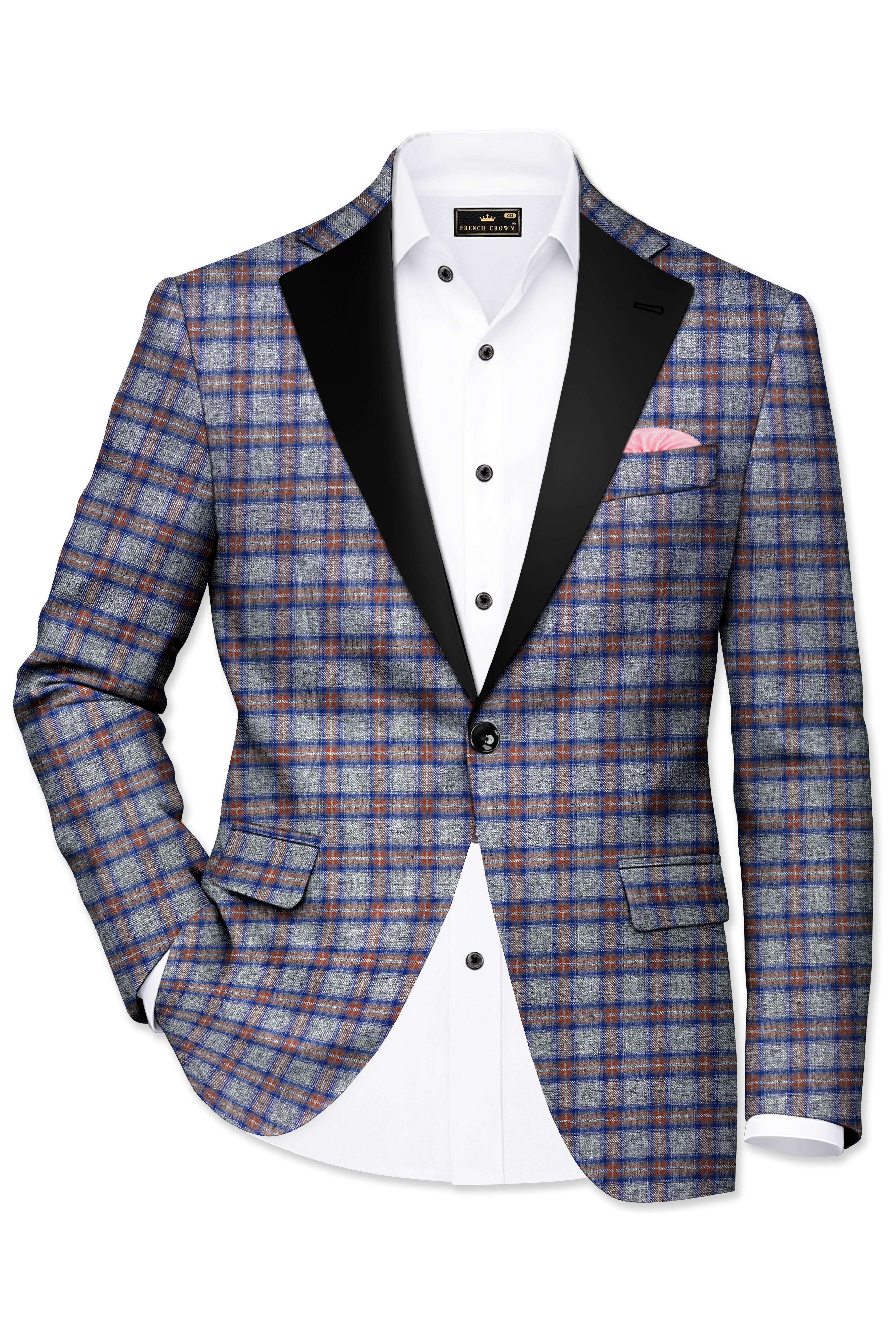 Fuscous Gray Checkered Single Breasted Black Lapel Designer Blazer