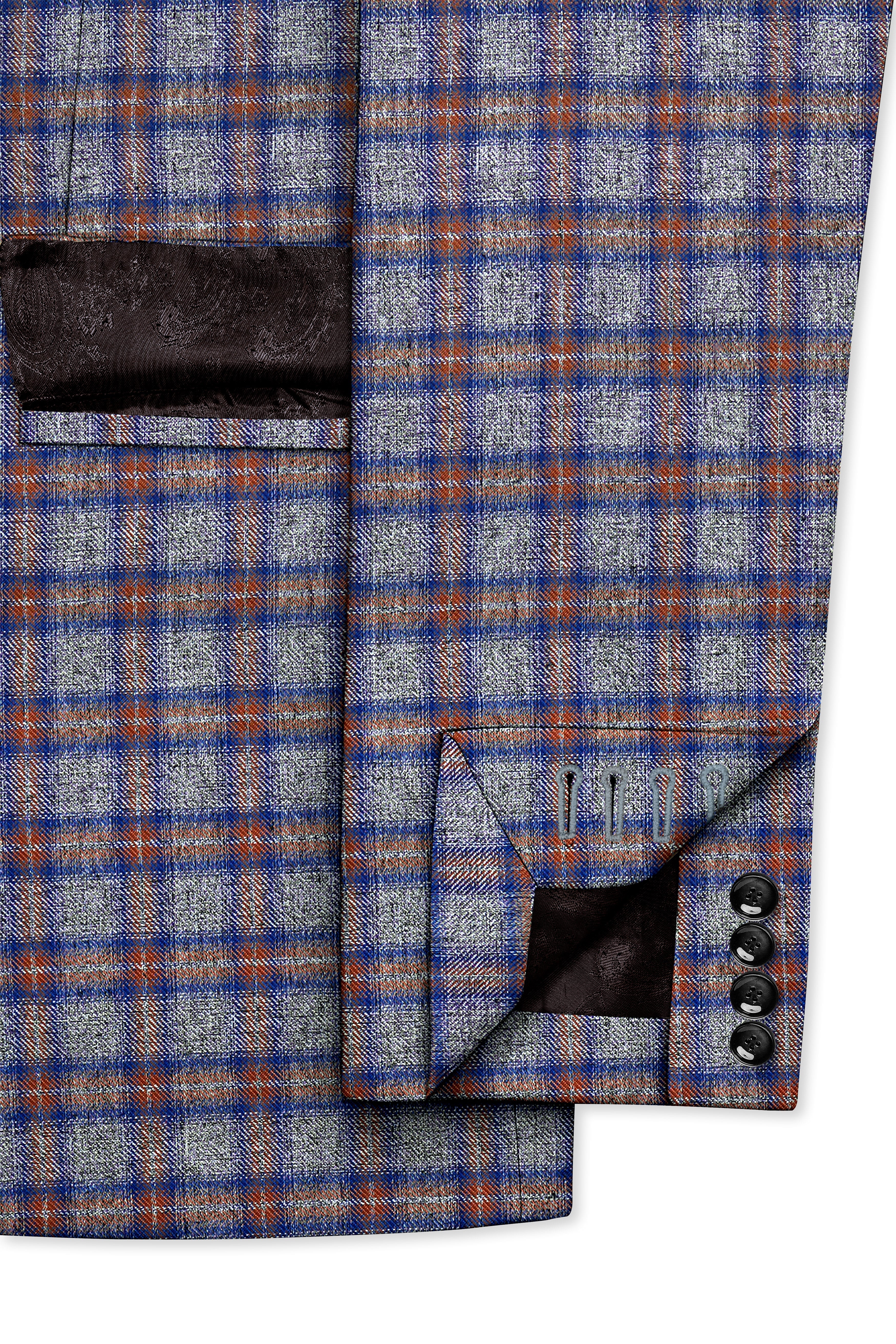Fuscous Gray Checkered Single Breasted Black Lapel Designer Blazer